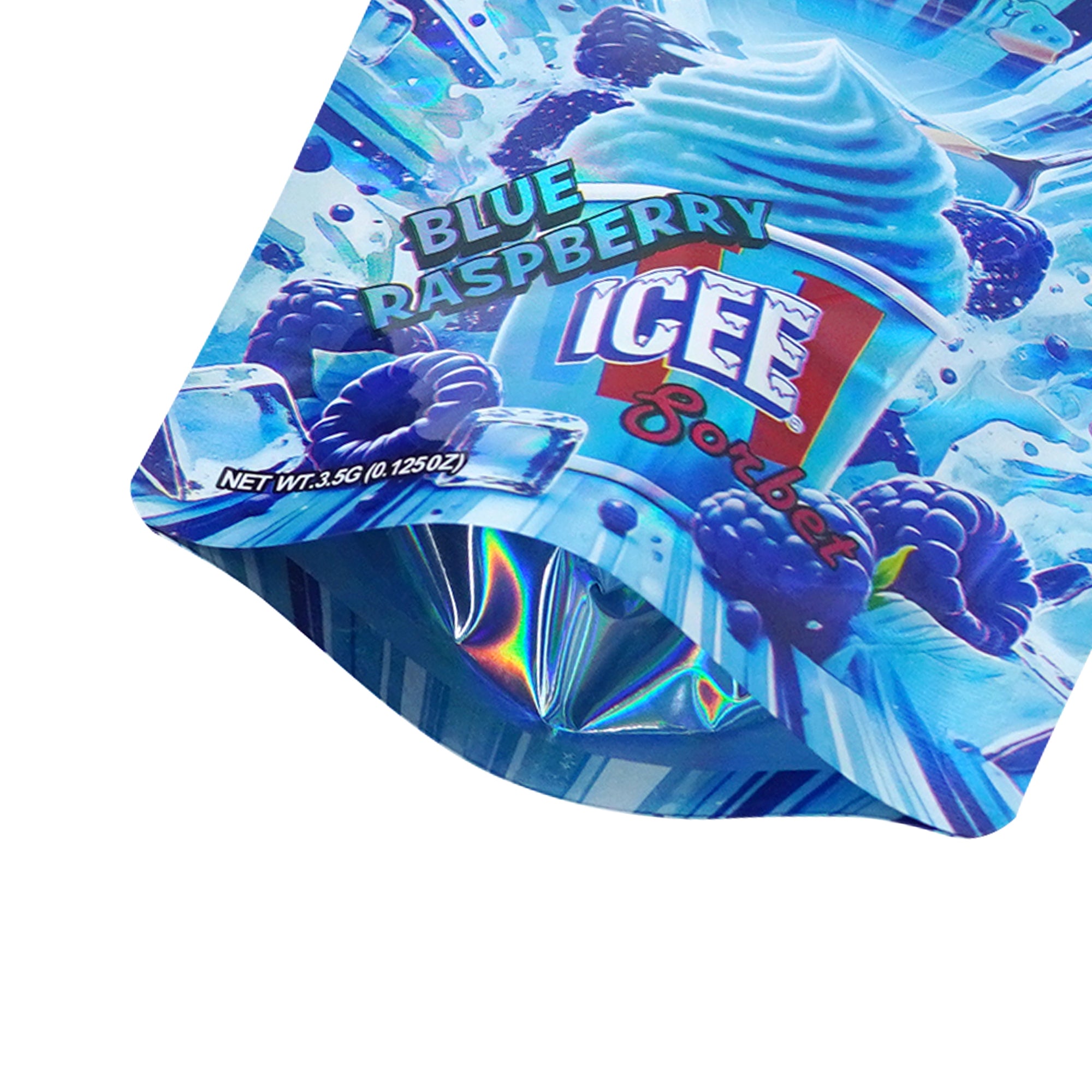 Holographic Blue Icee Smell Proof Metallized Foil Stand Strong® Bags with Matching Box 3.5g