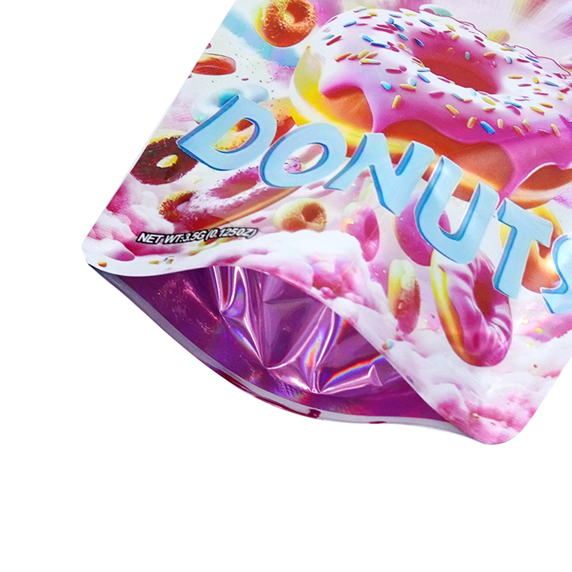 Holographic Sprinkle Donuts Smell Proof Metallized Foil Stand Strong® Bags with Matching Box 3.5g