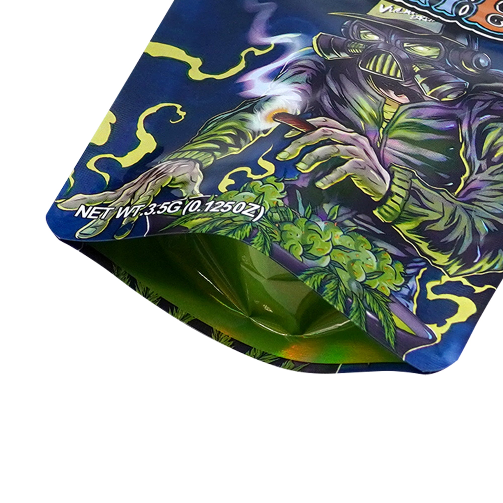 Holographic Gas Masked Smell Proof Metallized Foil Stand Strong® Bags with Matching Box 3.5g