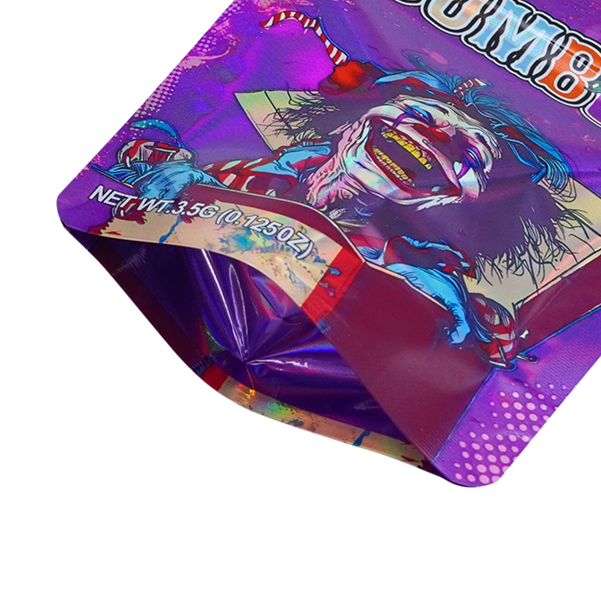 Holographic Clown Smell Proof Metallized Foil Stand Strong® Bags with Matching Box 3.5g