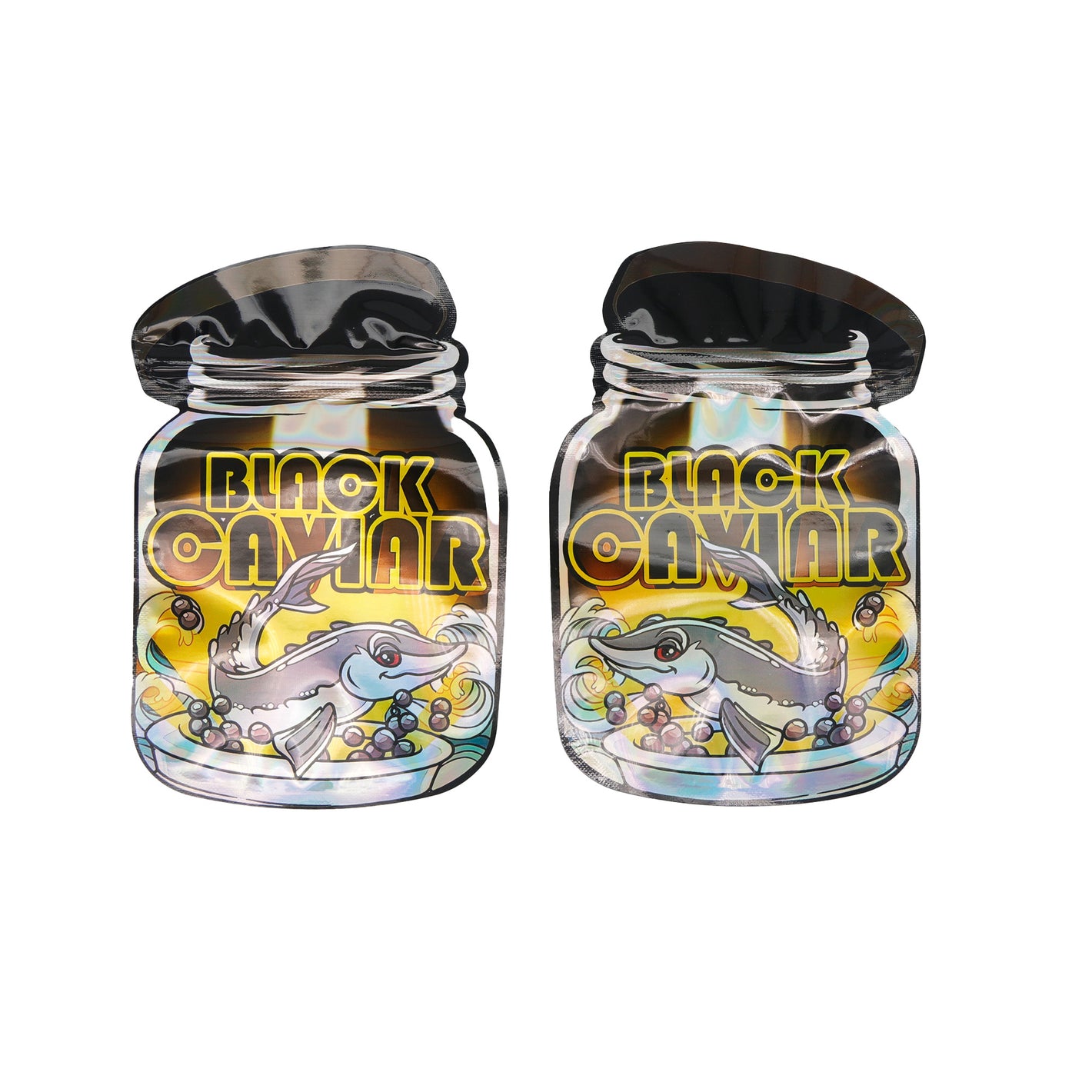 Flat Zipper Seal Bags – Holographic Black Caviar Die Cut Jar Smell Proof Mylar Foil