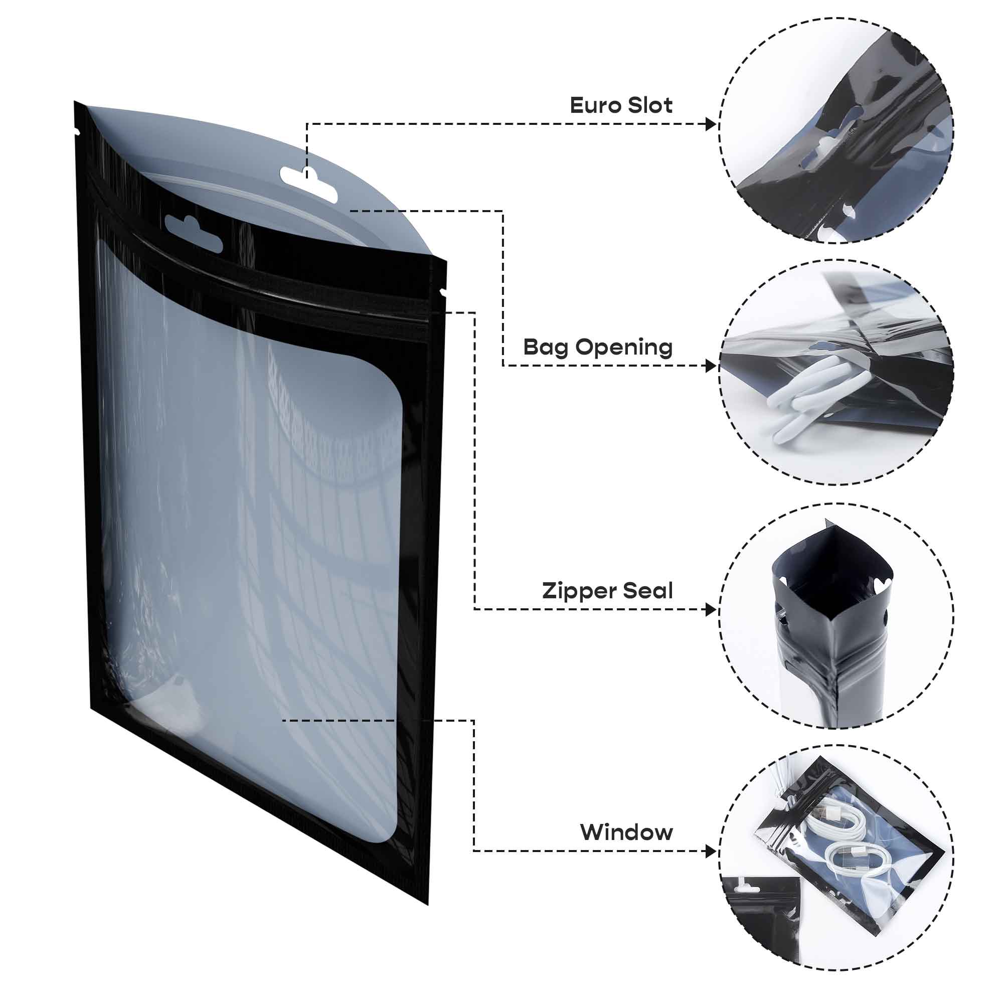 Customizable Glossy Bordered Clear Window Zipper Seal Packaging Bags with Butterfly Hang Hole (Basic Printing)