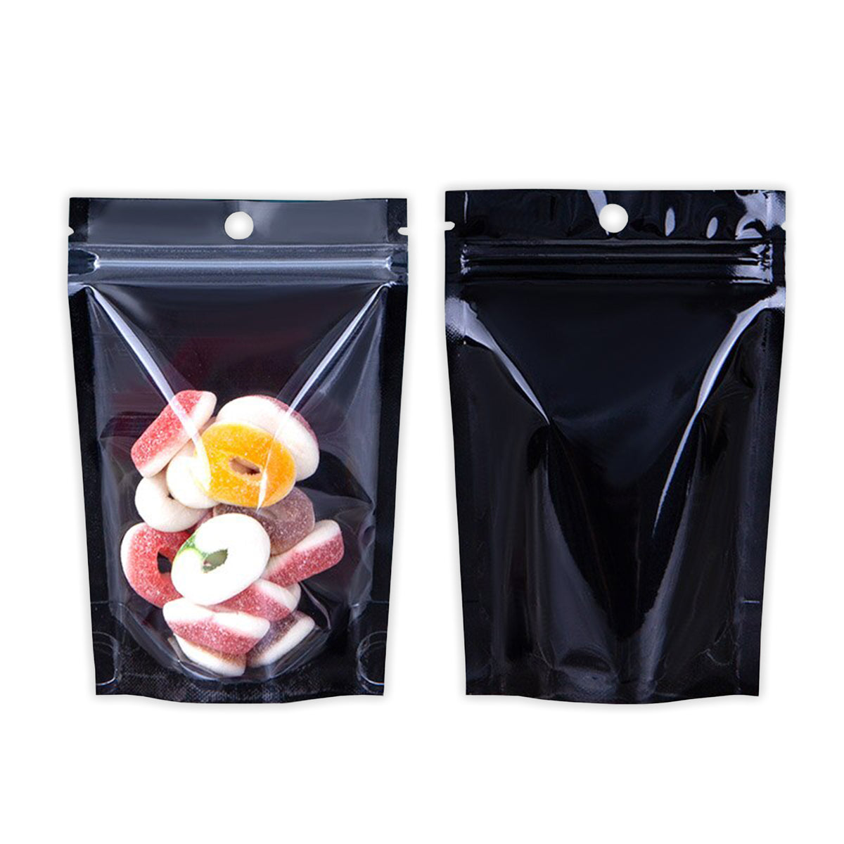Glossy Half Mirror Black Metallic Mylar Stand Strong® Bags with Round Hang-Hole