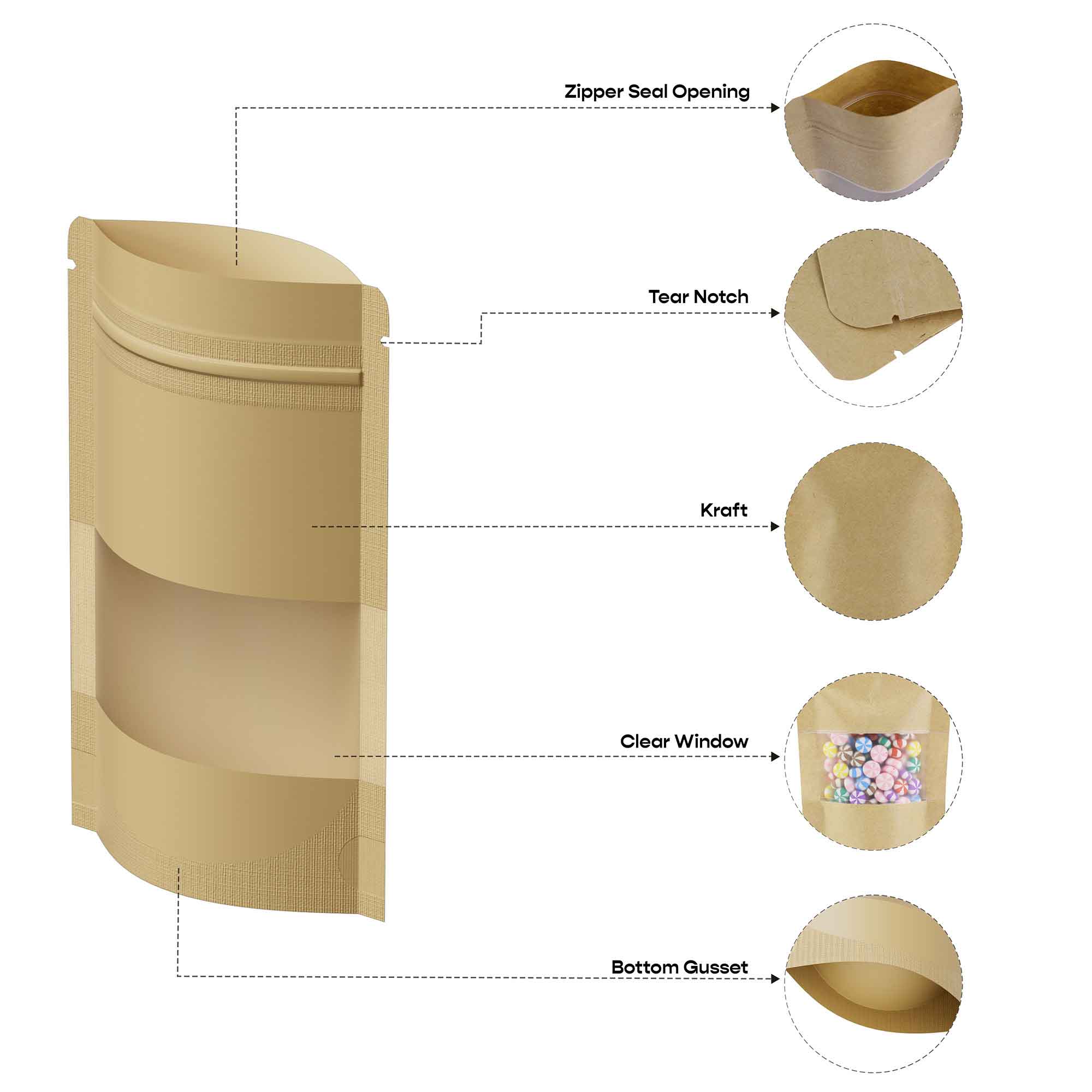 Customizable Rounded Corners Kraft with Window Stand Up Zipper Seal Bags (Basic Printing)