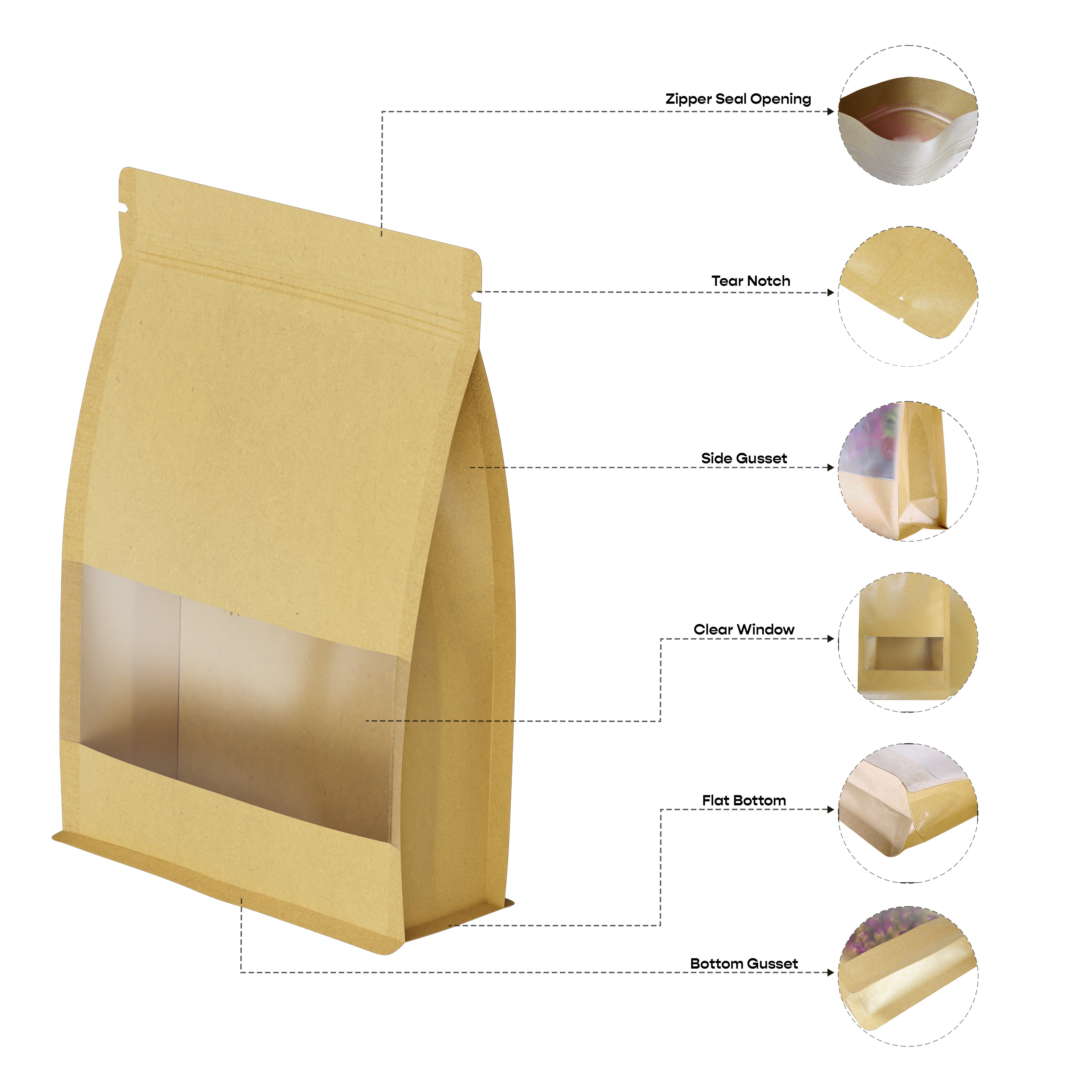 Customizable Kraft Paper Side Gusset with Translucent Window Stand Up Zipper Seal Bags (Full Customization)