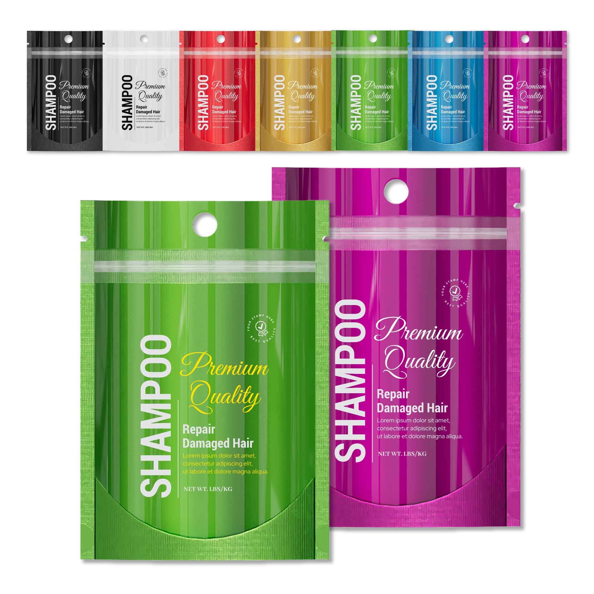 Customizable Single Side Glossy Color Metallic Mylar Stand Up Zipper Seal Bags with Round Hang-Hole (Basic Printing)