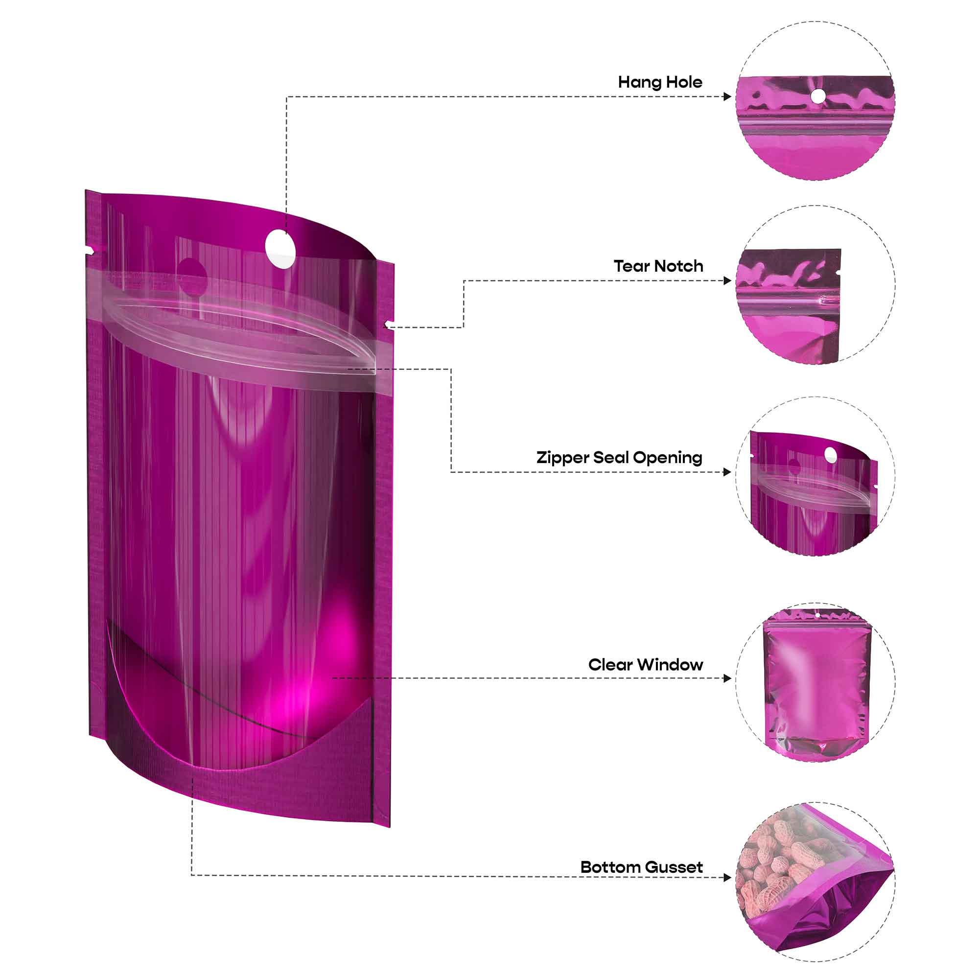 Customizable Single Side Glossy Color Metallic Mylar Stand Up Zipper Seal Bags with Round Hang-Hole (Full Customization)