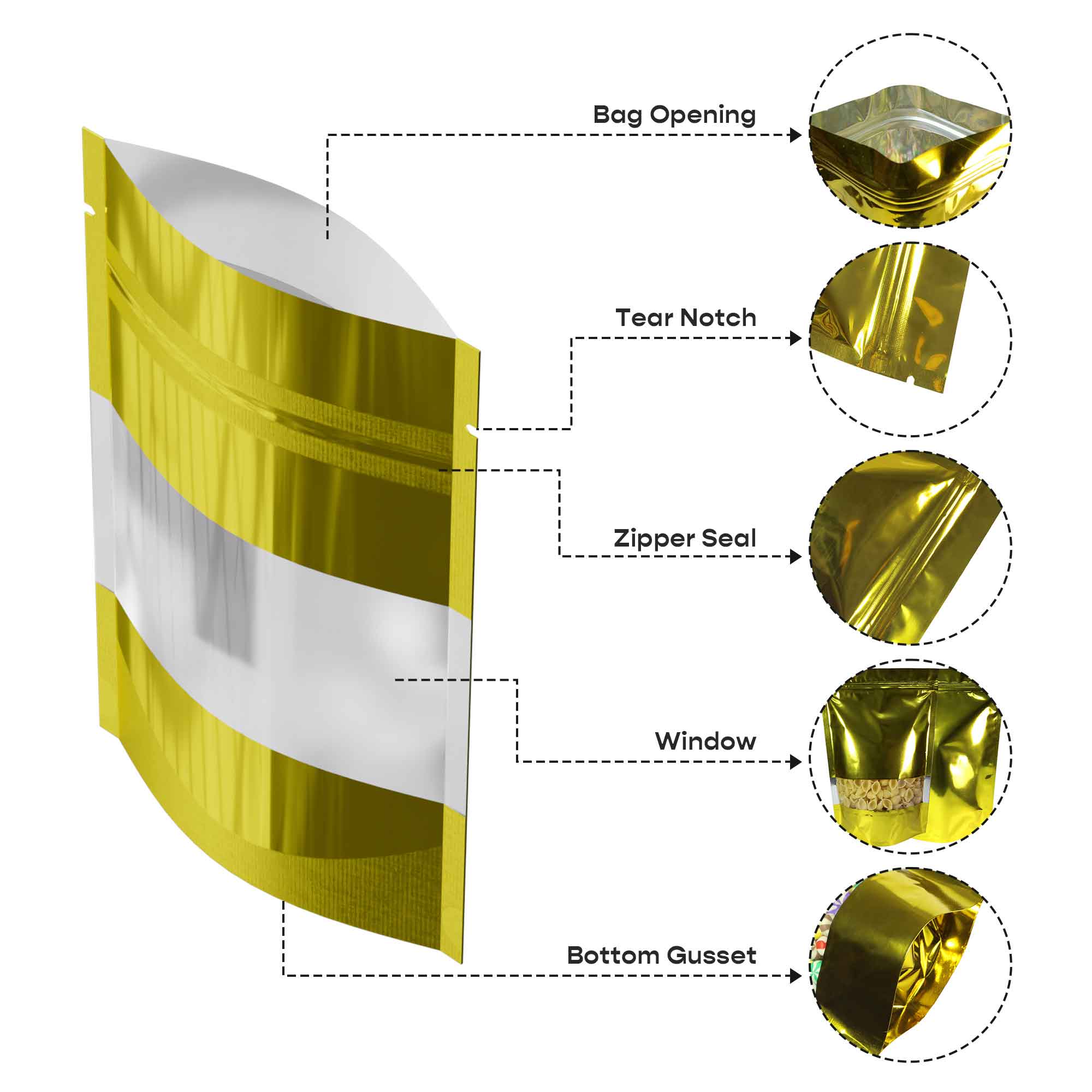 Customizable Glossy Metallic Foil with Transparent Window Stand Up Zipper Seal Bags (Full Customization)