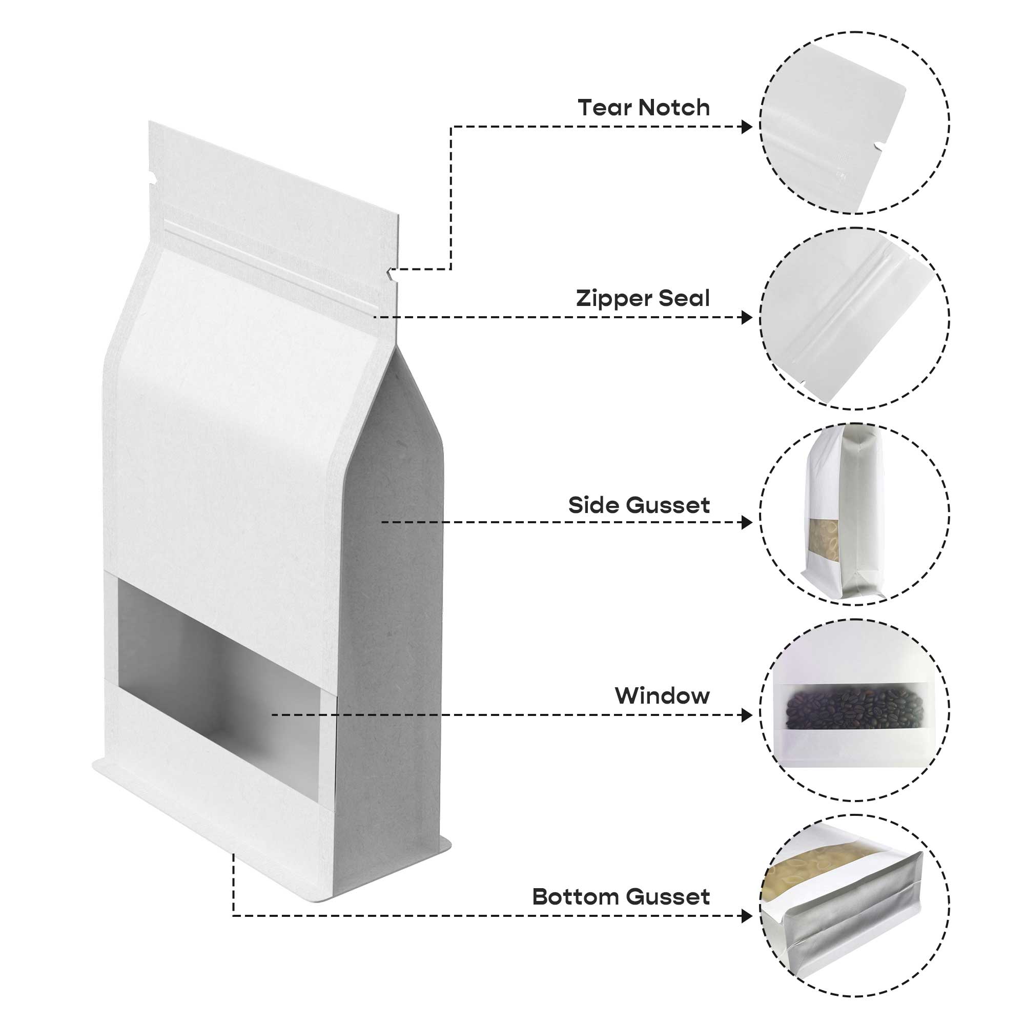 Customizable Kraft Parchment White Paper Side Gusset with Translucent Window Stand Up Zipper Bags (Basic Printing)