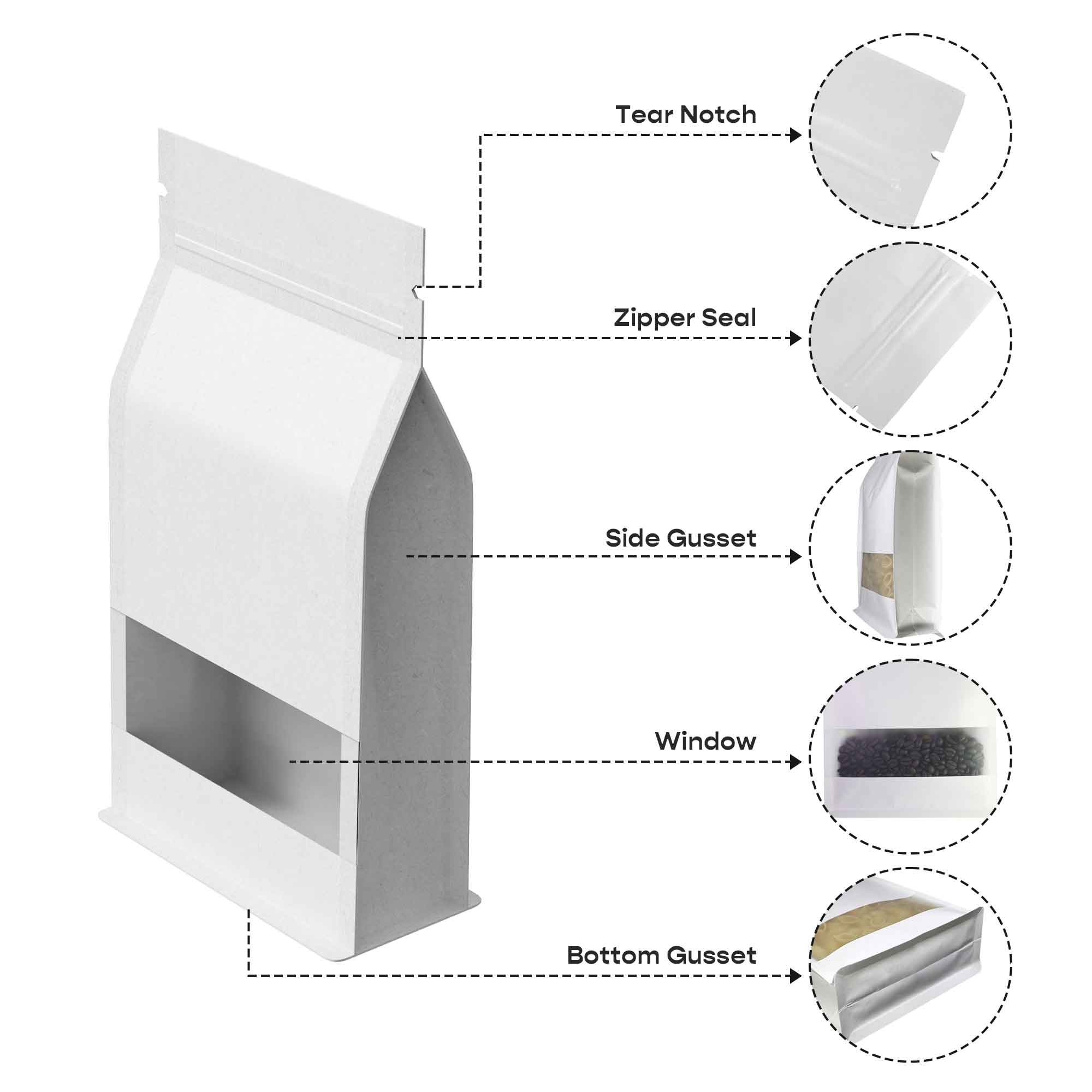Customizable Kraft Parchment White Paper Side Gusset with Translucent Window Stand Up Zipper Seal Bags (Full Customization)