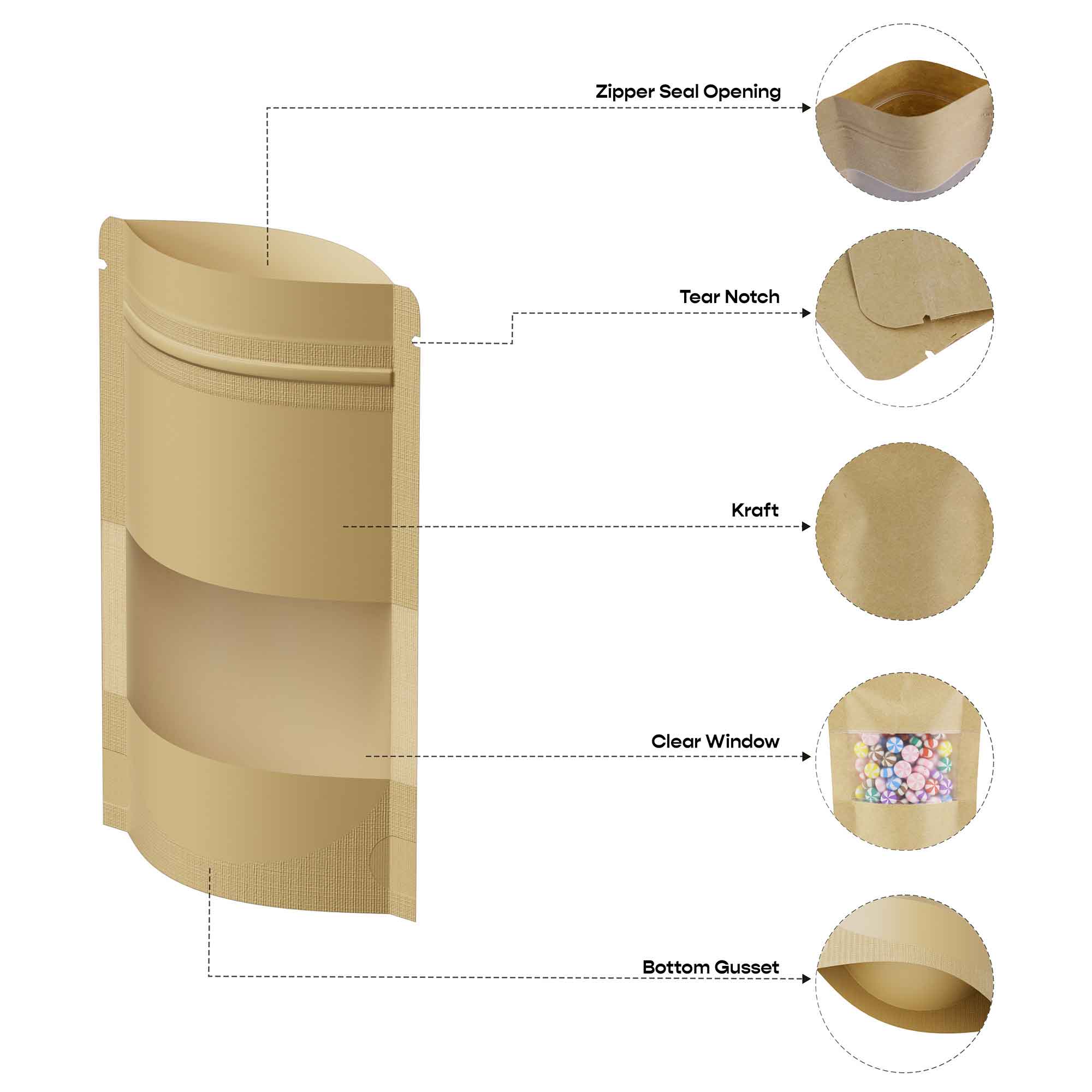 Customizable Rounded Corners Kraft with Window Stand Up Zipper Seal Bags (Full Customization)