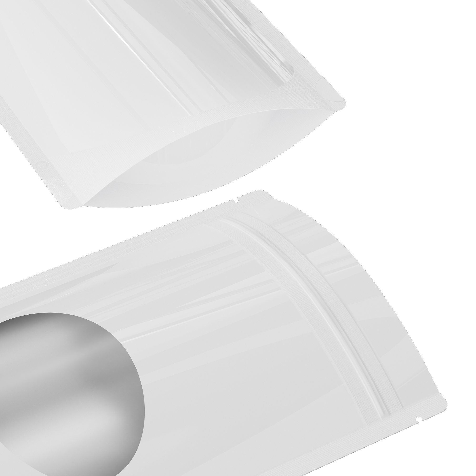 Glossy Purity White Round Window Plastic and Mylar Stand Strong® Bags with Rounded Corners