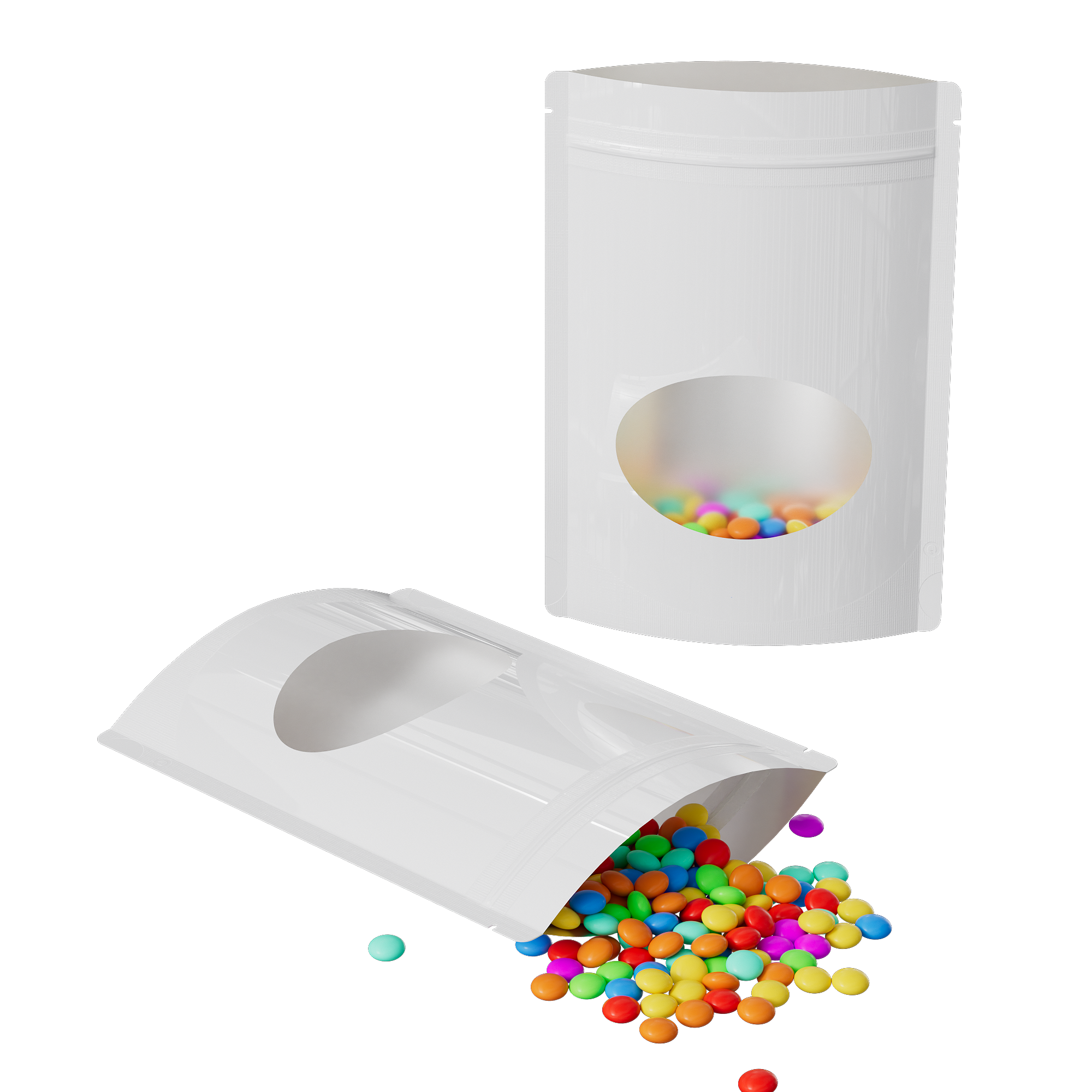 Glossy Purity White Round Window Plastic and Mylar Stand Strong® Bags with Rounded Corners