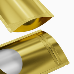Glossy Sweet Cream Gold Round Window Plastic and Mylar Stand Strong® Bags with Rounded Corners
