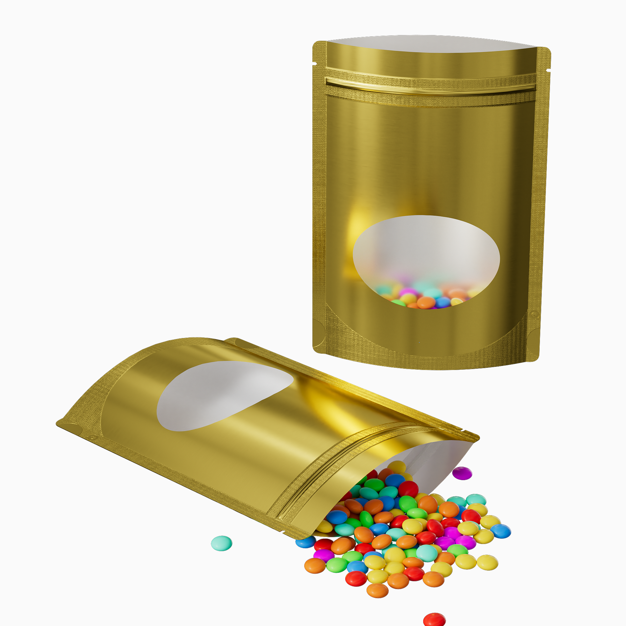 Glossy Sweet Cream Gold Round Window Plastic and Mylar Stand Strong® Bags with Rounded Corners