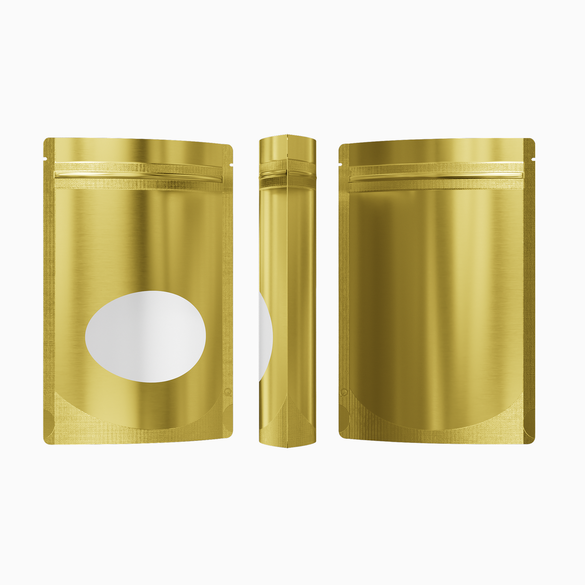 Glossy Sweet Cream Gold Round Window Plastic and Mylar Stand Strong® Bags with Rounded Corners