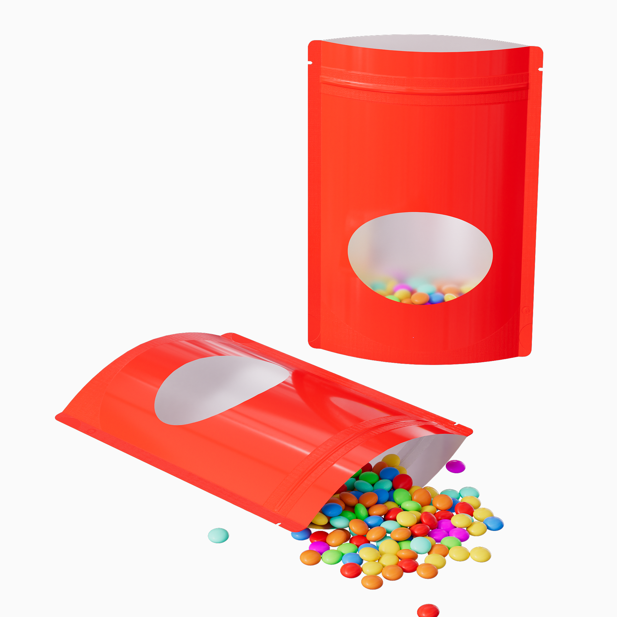 Glossy Candycane Red Round Window Plastic and Mylar Stand Strong® Bags with Rounded Corners