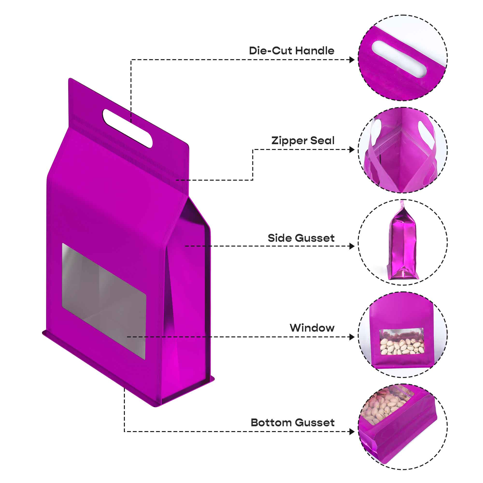 Customizable Smooth Matte Colored Side Gusset Stand Up Zipper Seal Bags with Die Cut Handles (Full Customization)
