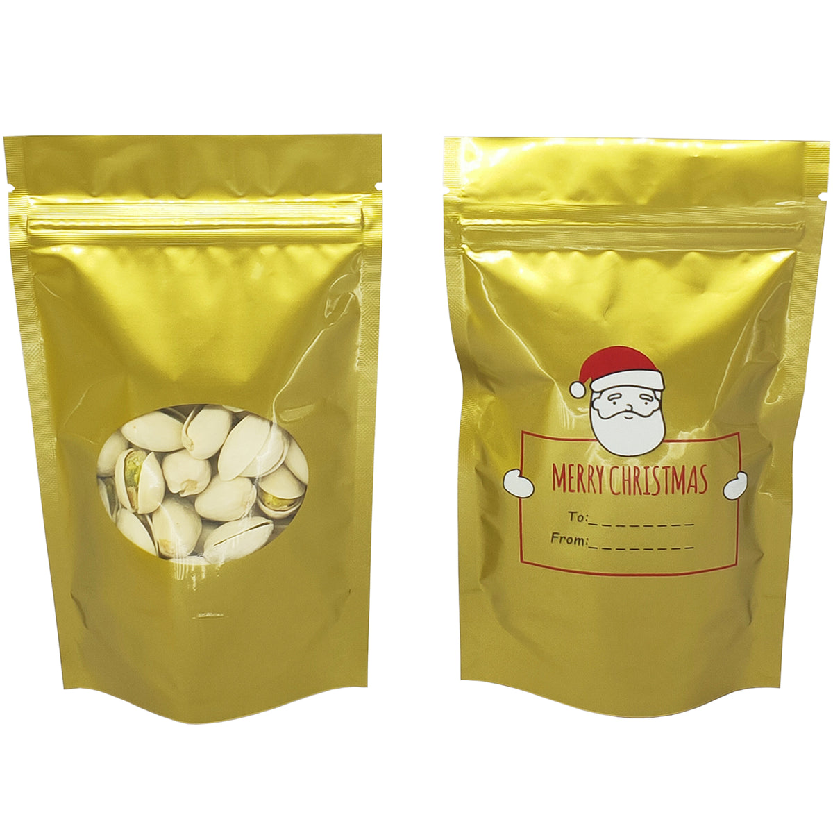 Glossy Christmas Design Round Window Plastic and Mylar Stand Strong® Bags