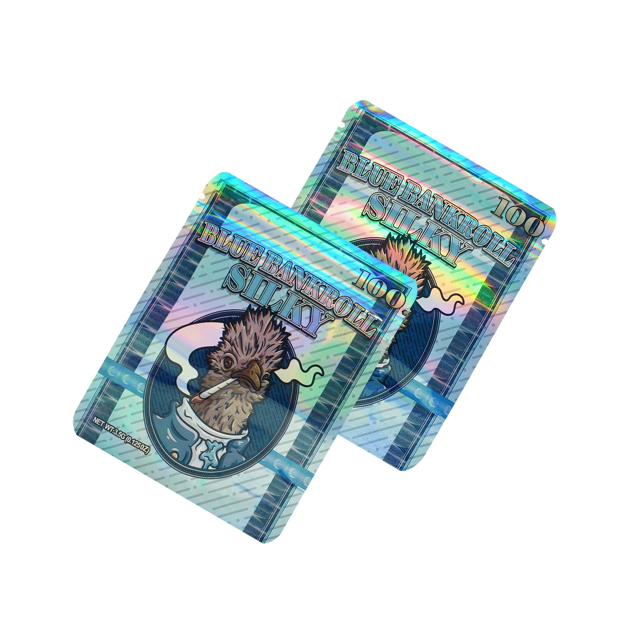 Holographic Blue Bankroll Smell Proof Metallized Foil Stand Strong® Bags