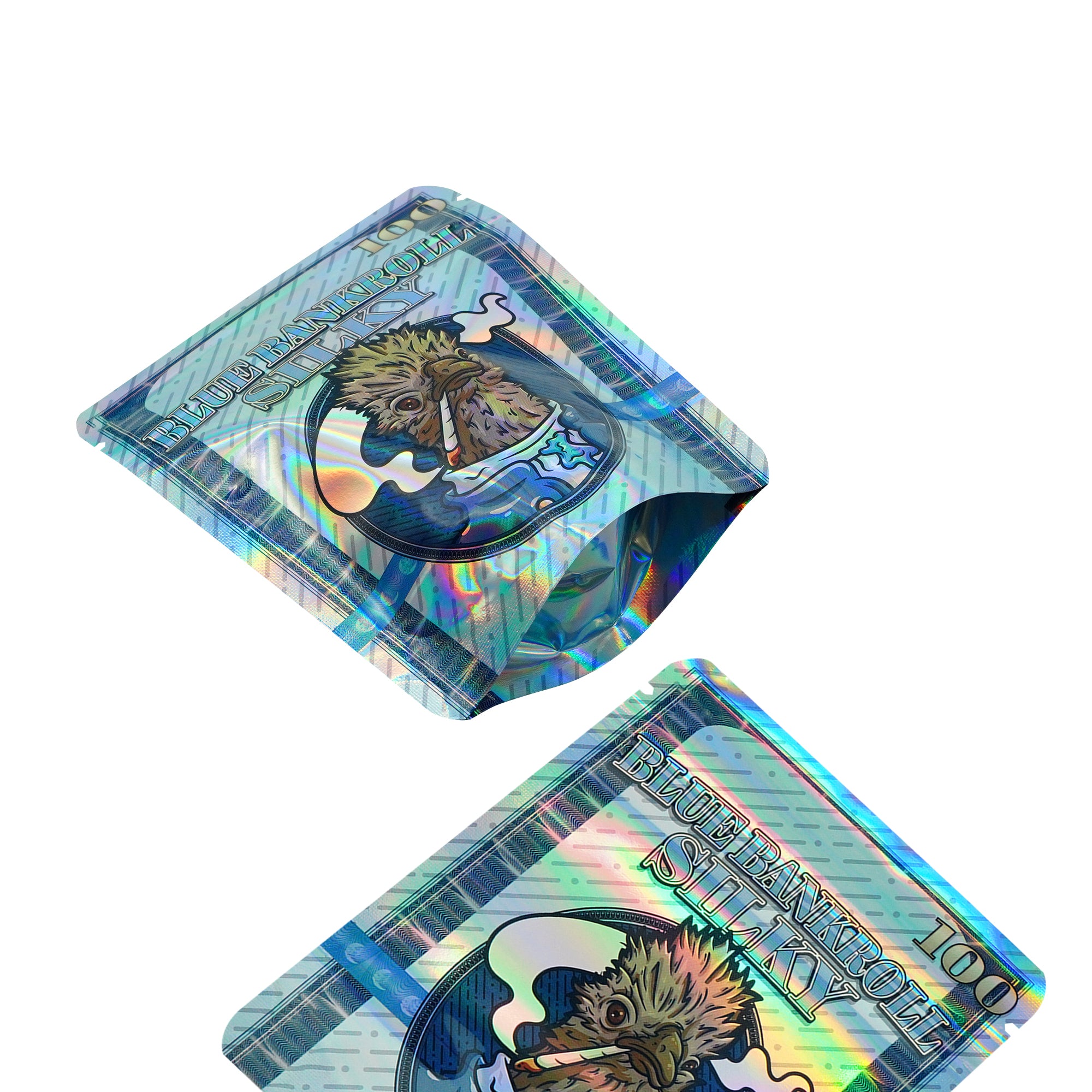 Holographic Blue Bankroll Smell Proof Metallized Foil Stand Strong® Bags