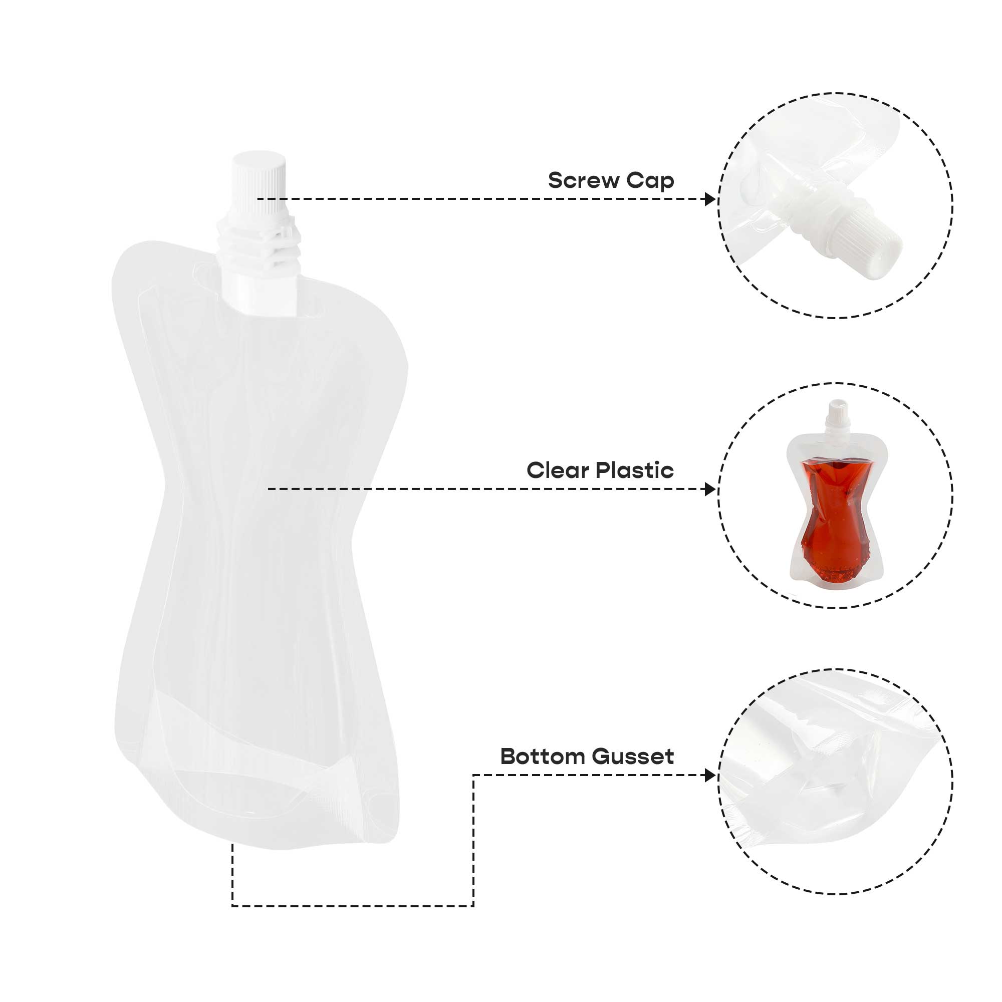 Customizable Glossy Clarity Clear Hourglass Plastic Bottle Pouch with Top Screw Cap Spout (Basic Printing)