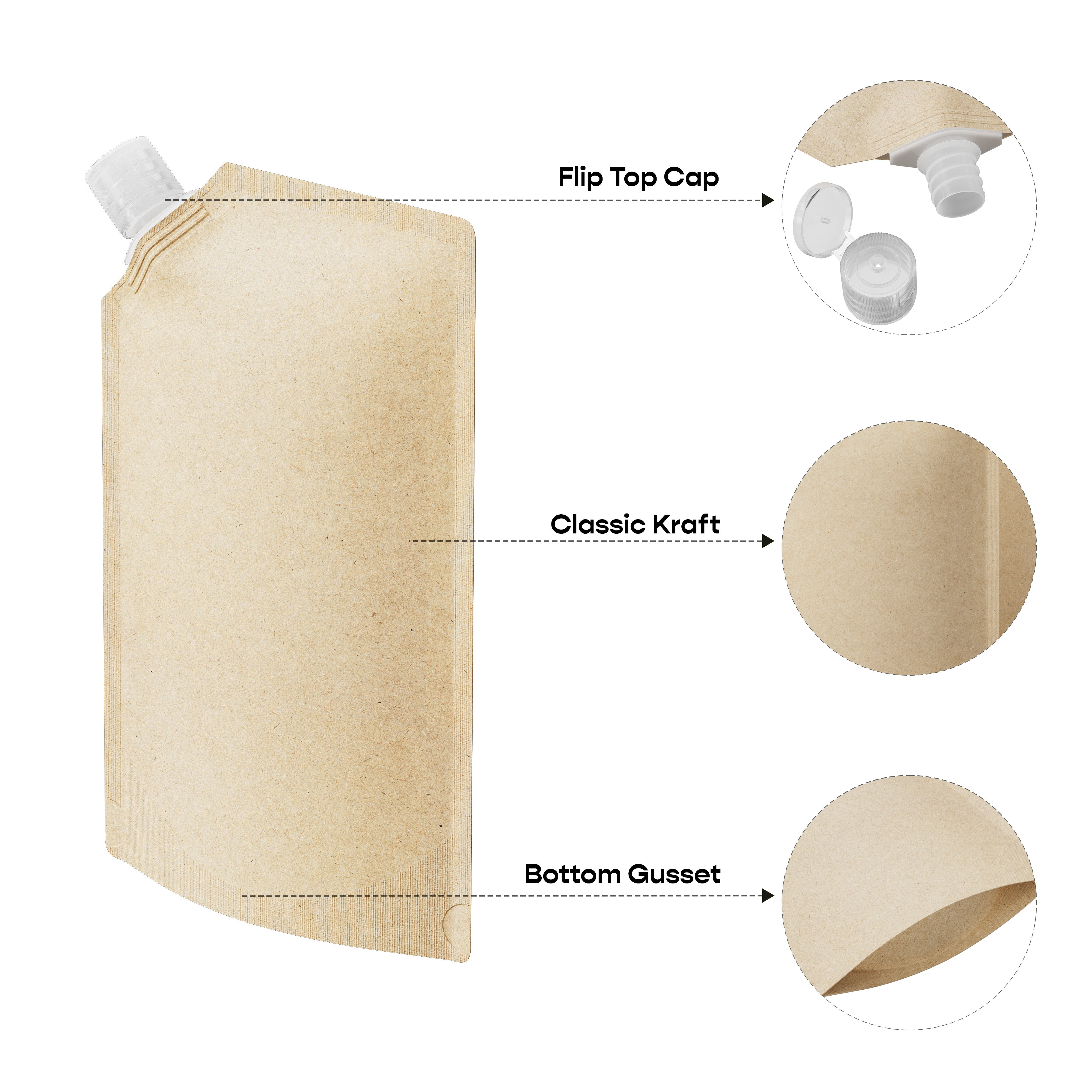 Customizable Classic Kraft Bottle Pouch with Corner Wide Mouth Flip Top Cap (Full Customization)