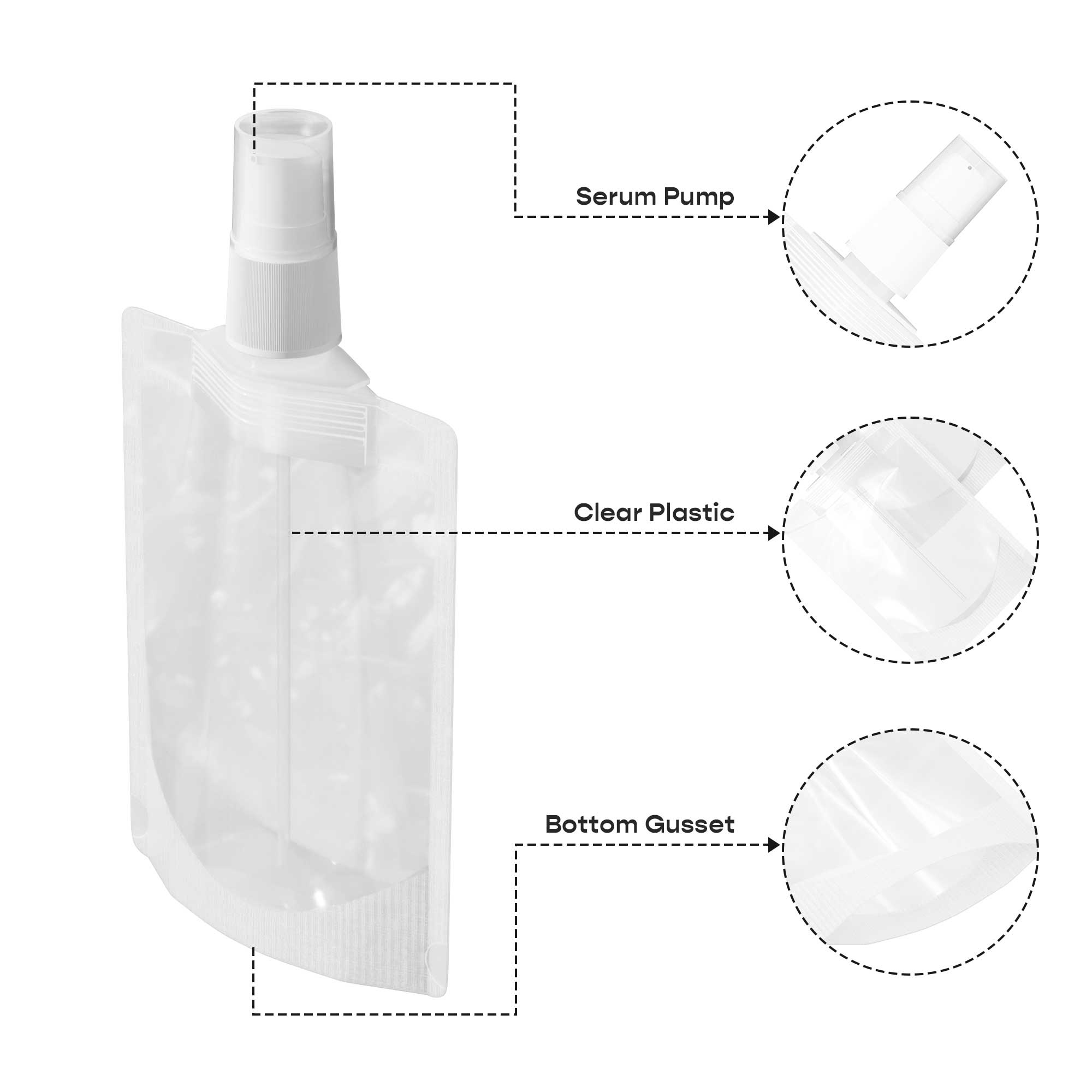 Customizable Frosted Translucent Stand Pouch with Top Wide Mouth Serum Pump (Full Customization)