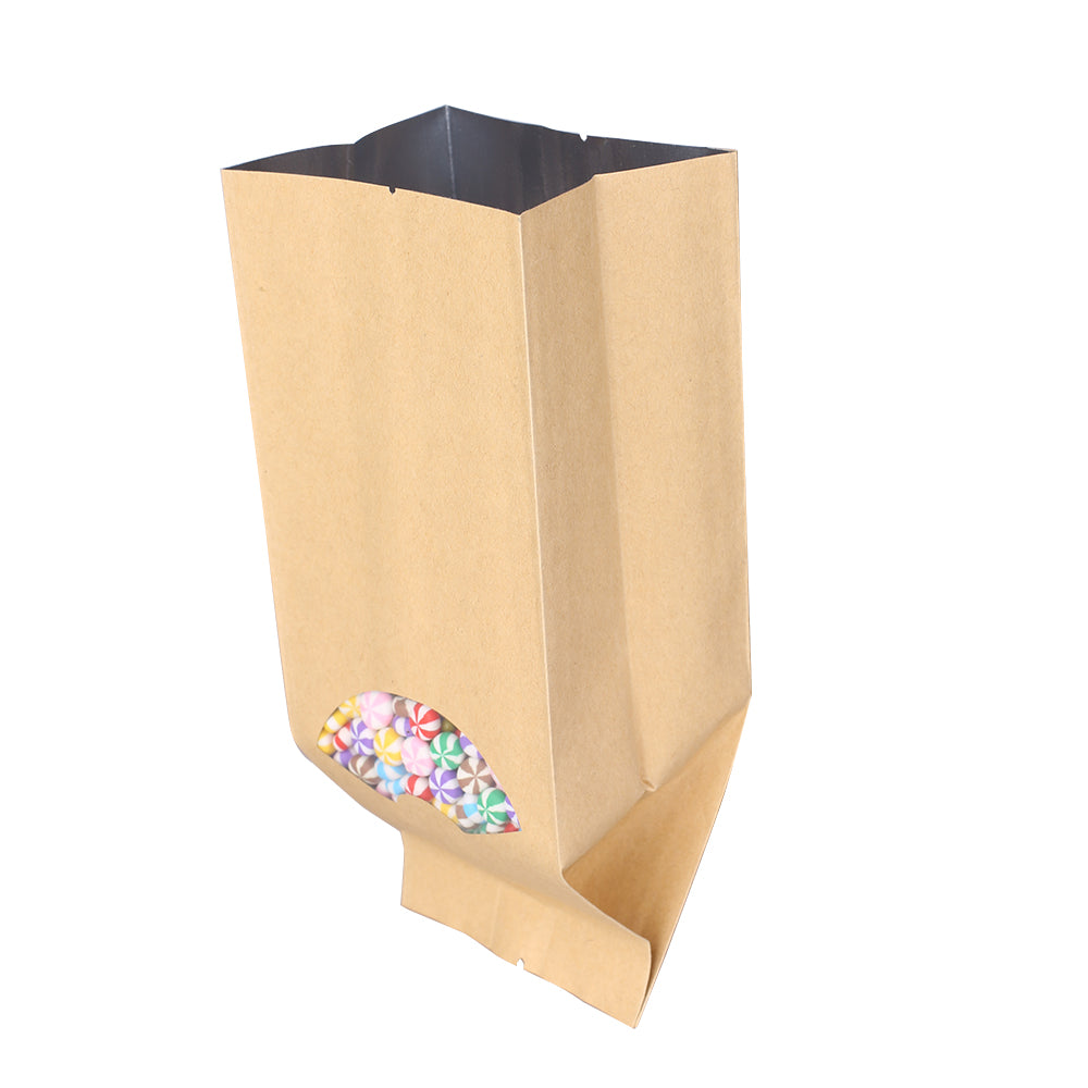 Krafty Brown with Arch Window & Inner Mylar Block Bottom Open Top Bags with Side Gusset