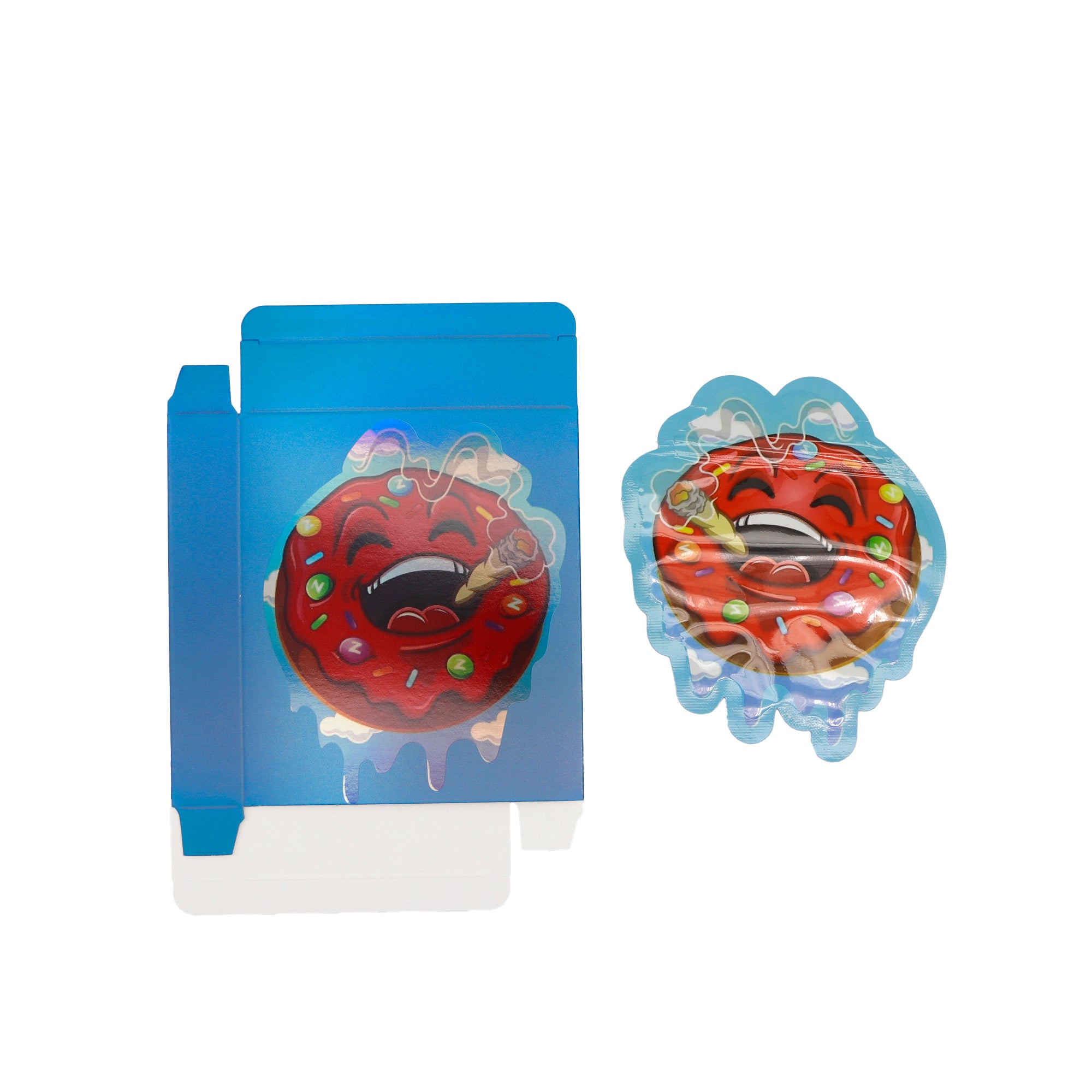 Flat Zipper Seal – Red Frosted Die Cut Donut Smell Proof Mylar Foil with Matching Box 3.5g