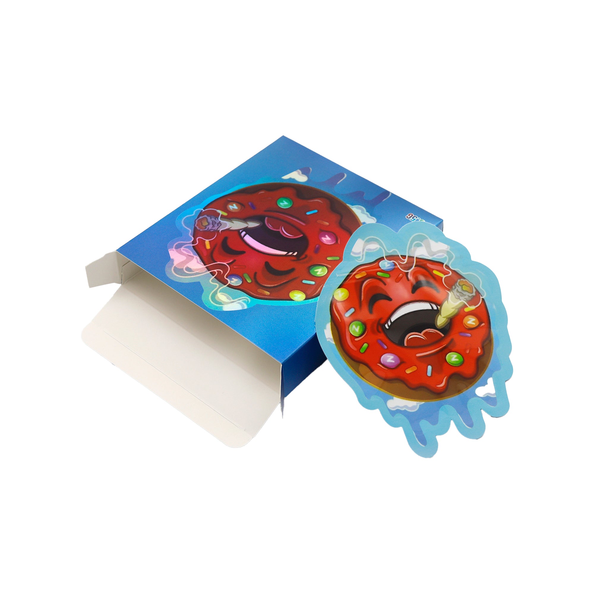 Flat Zipper Seal – Red Frosted Die Cut Donut Smell Proof Mylar Foil with Matching Box 3.5g