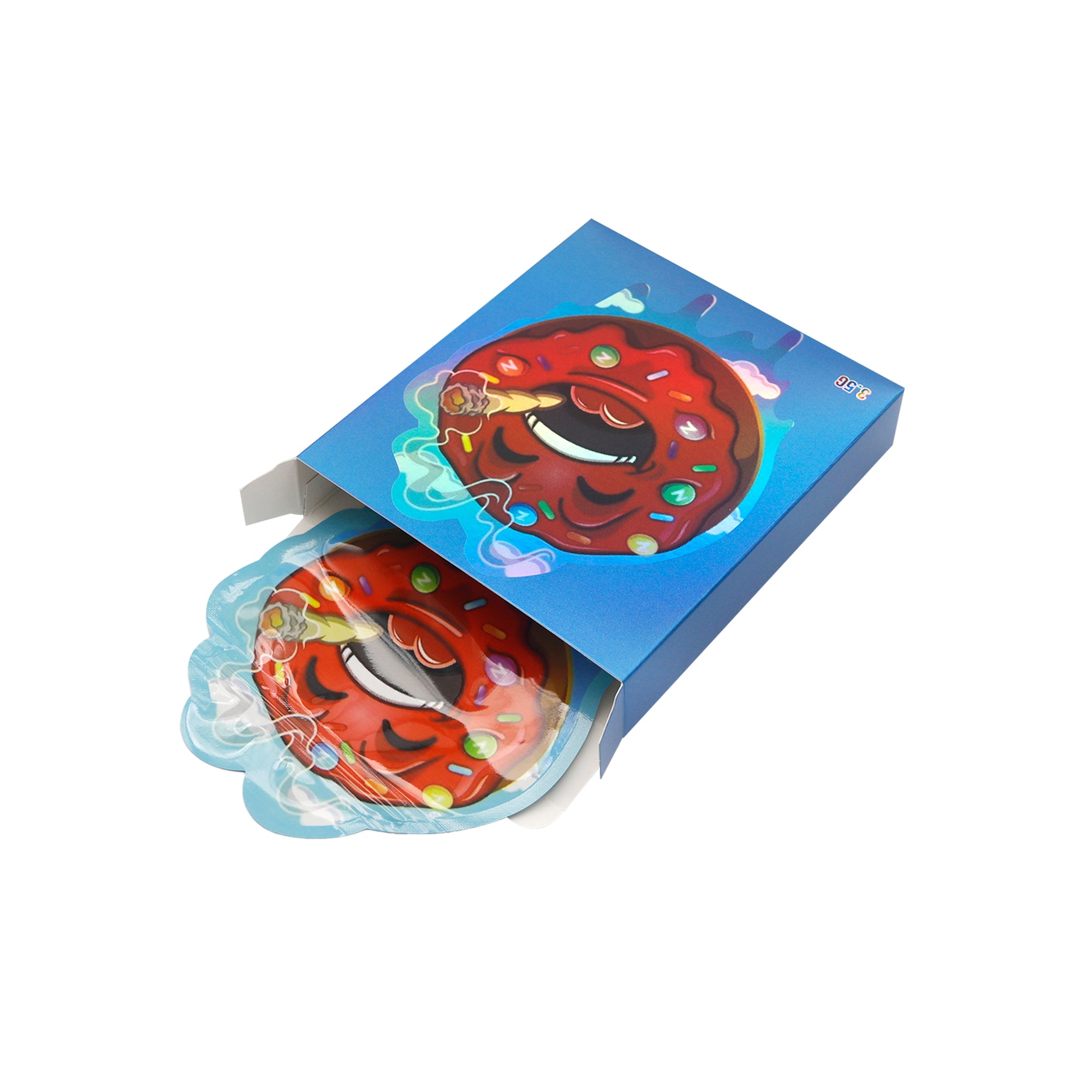 Flat Zipper Seal – Red Frosted Die Cut Donut Smell Proof Mylar Foil with Matching Box 3.5g