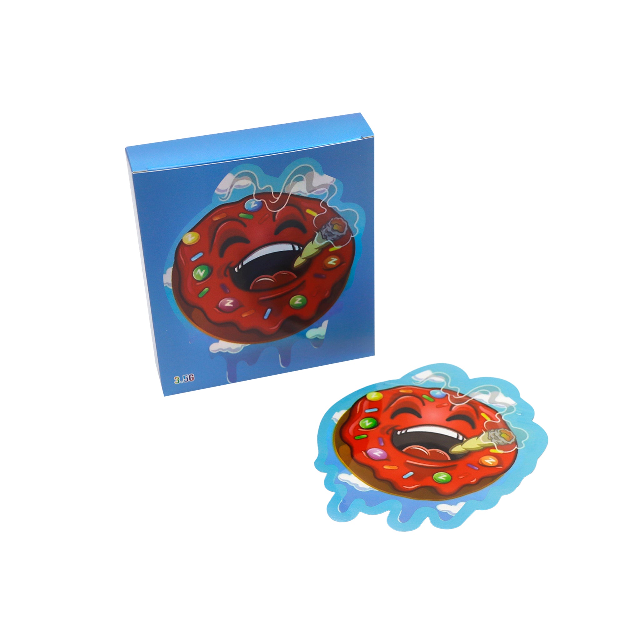 Flat Zipper Seal – Red Frosted Die Cut Donut Smell Proof Mylar Foil with Matching Box 3.5g