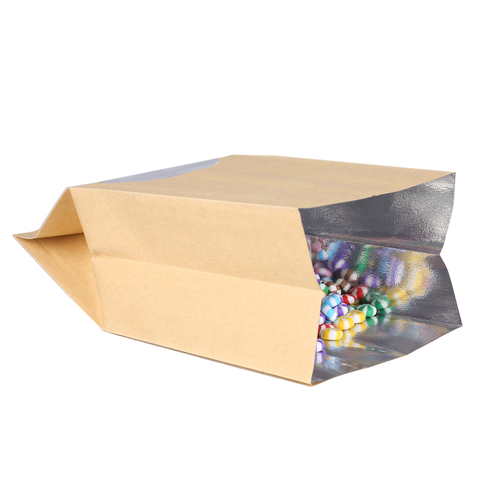 Krafty Brown with Arch Window & Inner Mylar Block Bottom Open Top Bags with Side Gusset