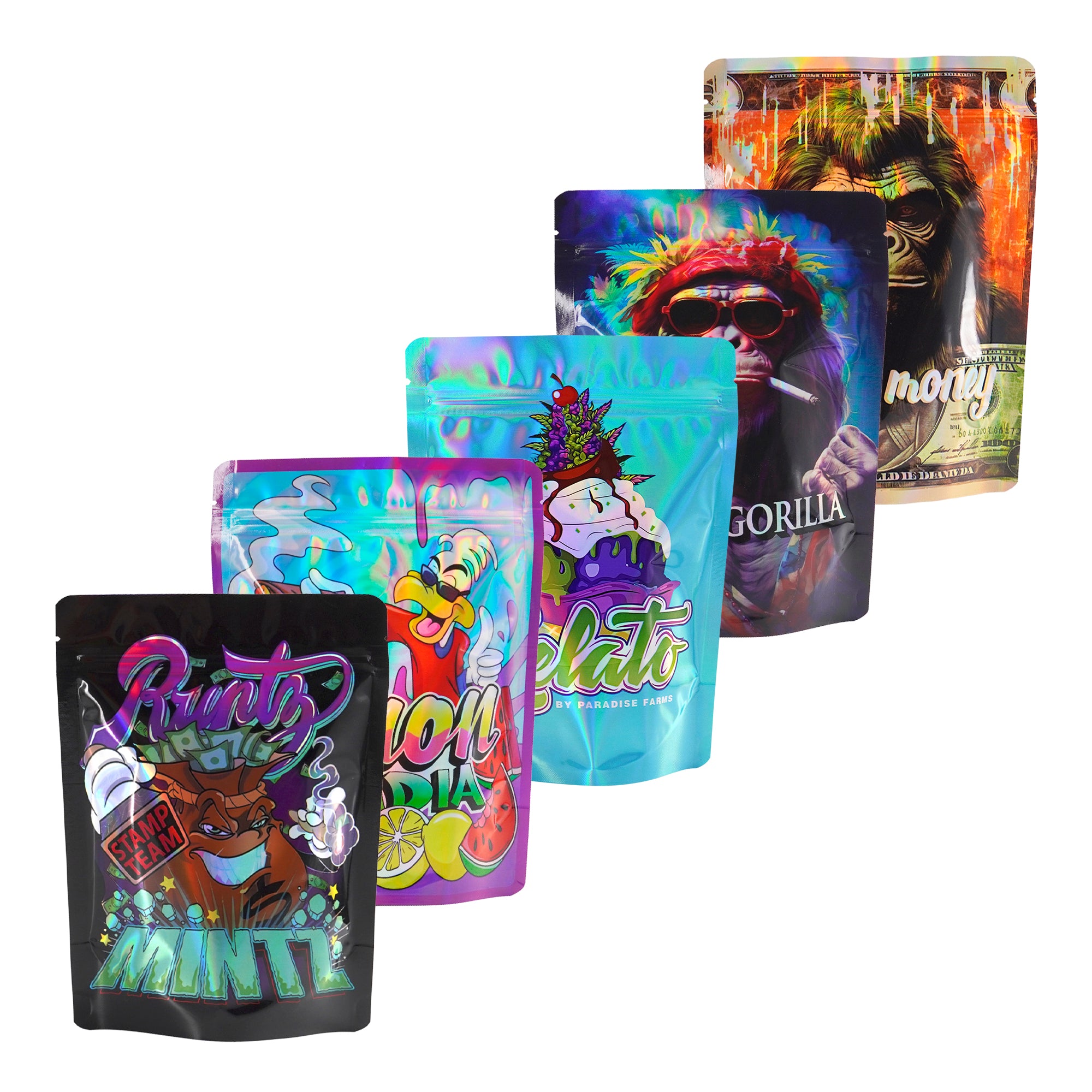 Holographic Assorted Designs Stand Strong® Smell Proof Mylar Foil Bags