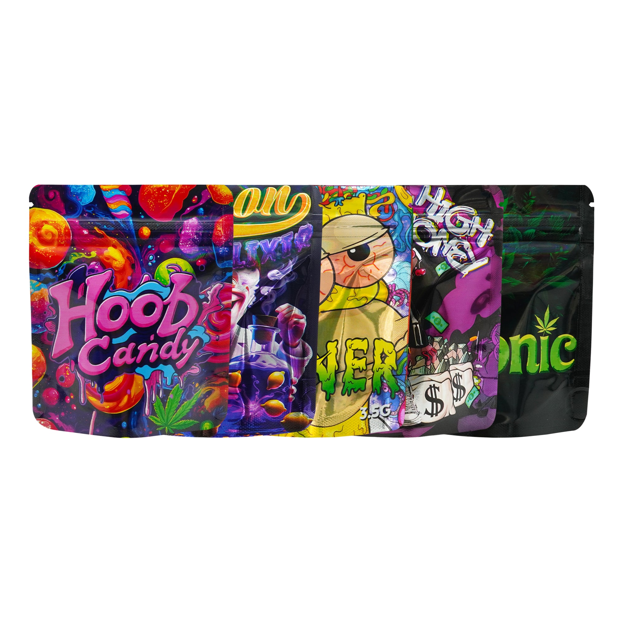 Holographic Five Assorted Design Smell Proof Mylar Foil Stand Strong® Bags