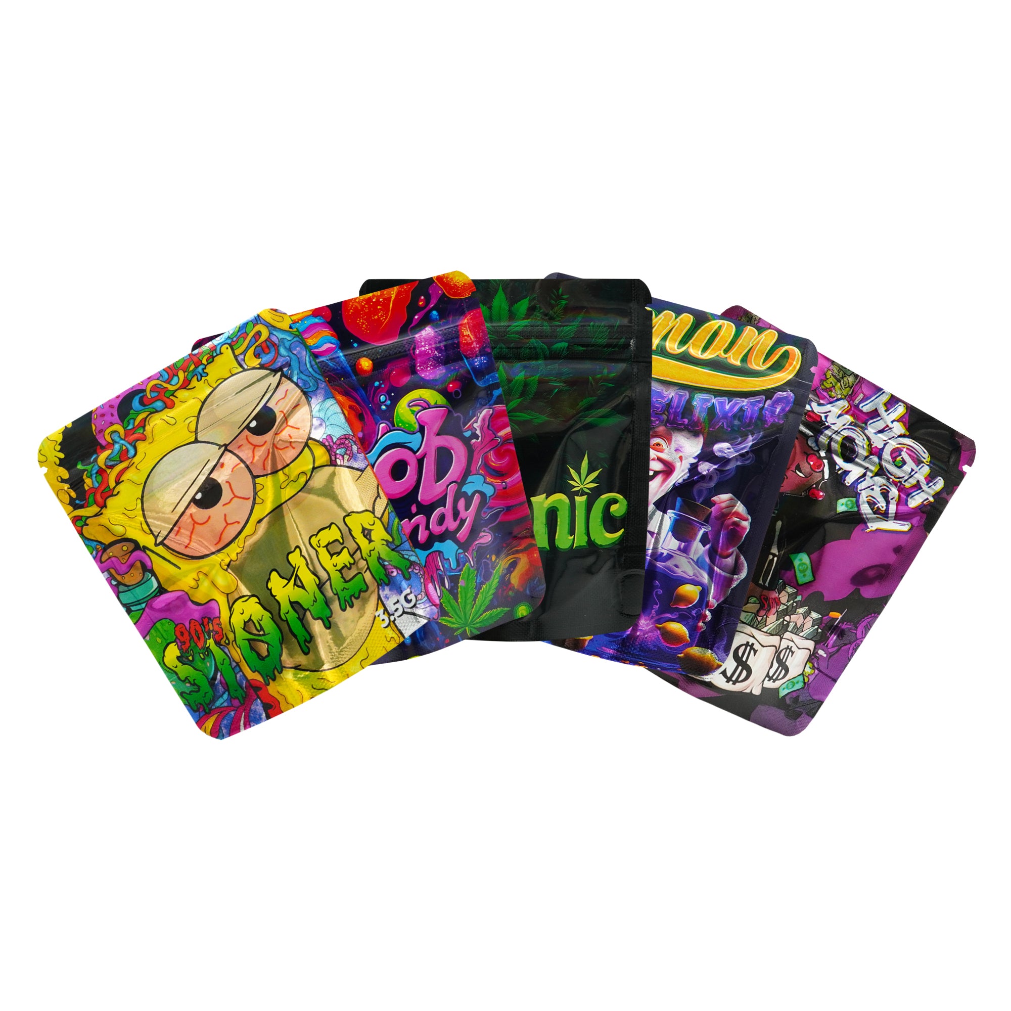 Holographic Five Assorted Design Smell Proof Mylar Foil Stand Strong® Bags