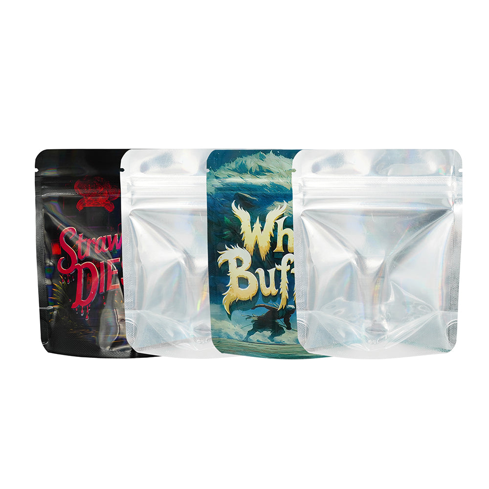 Half Holographic Assorted Design Smell Proof Mylar Foil Stand Strong® Bags