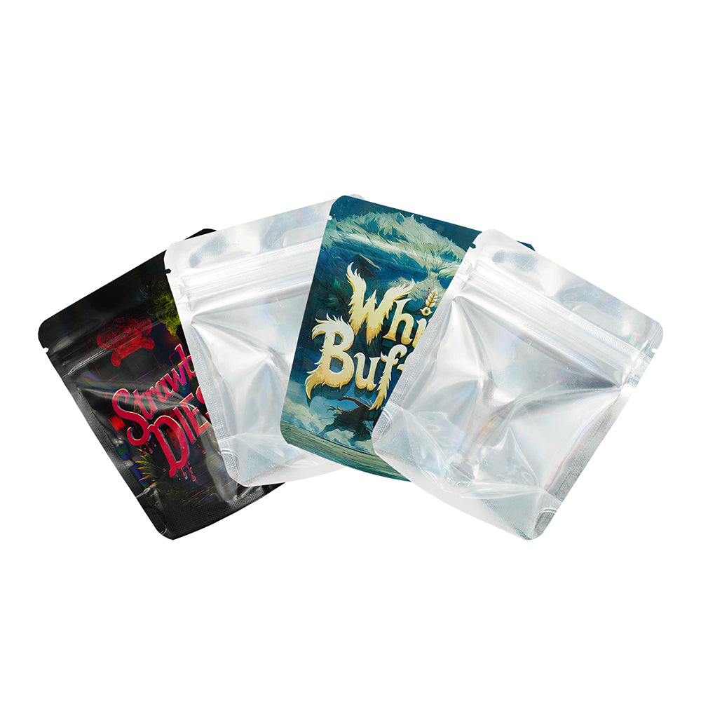 Half Holographic Assorted Design Smell Proof Mylar Foil Stand Strong® Bags