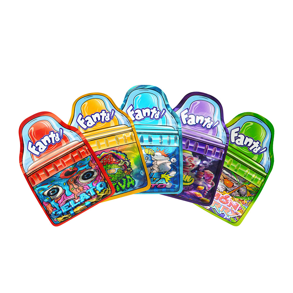Fanta Bottle Pop Die Cut Smell Proof Mylar Foil Flat Zipper Seal Bags