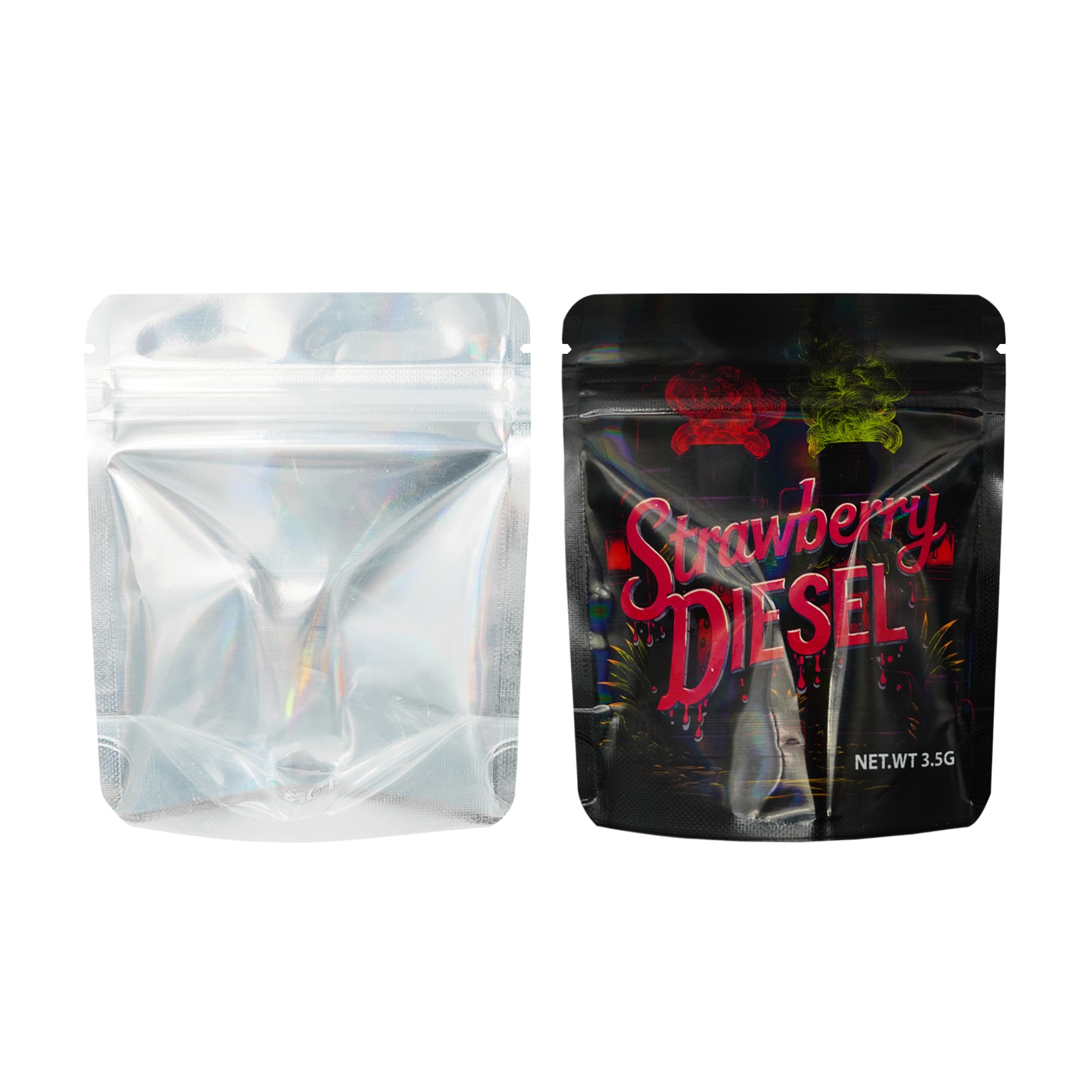 Half Holographic Assorted Design Smell Proof Mylar Foil Stand Strong® Bags