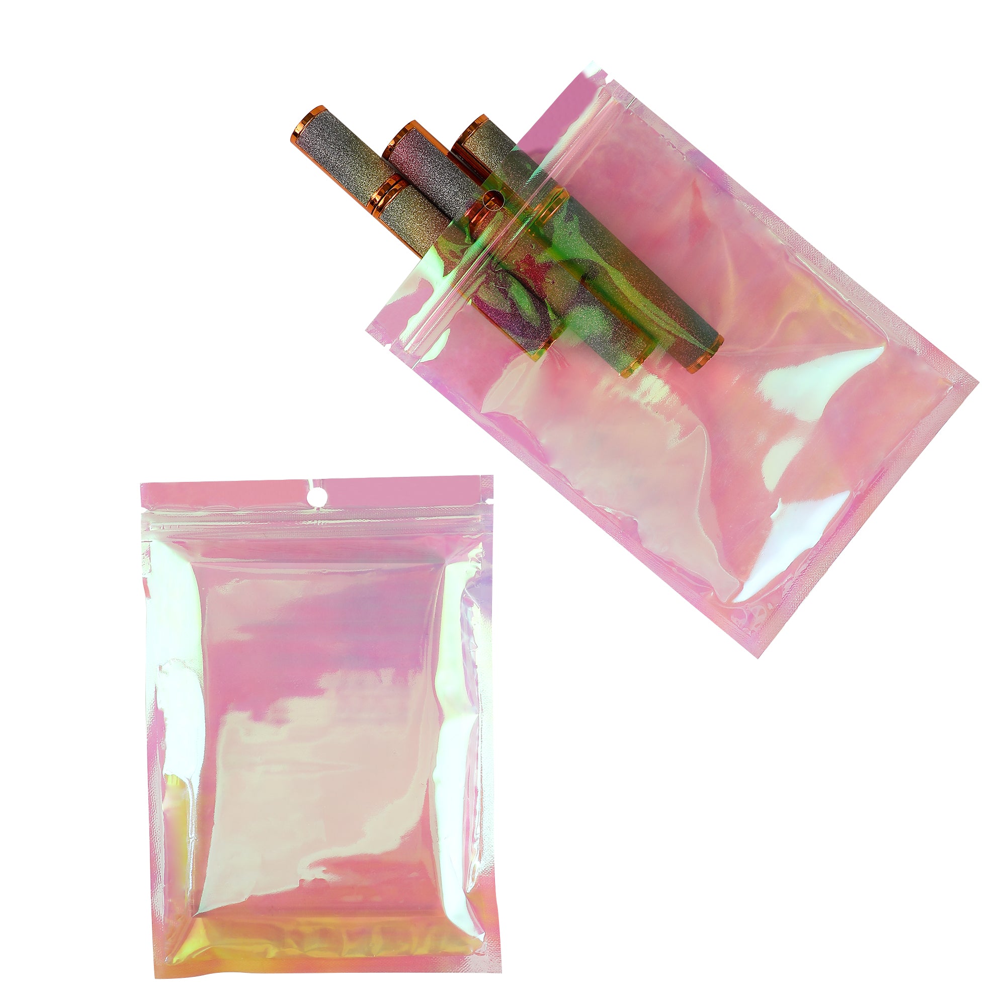 Reusable Flat Zipper Seal Bags – Kaleidoscope Holographic Clear Front with Round Hang Hole