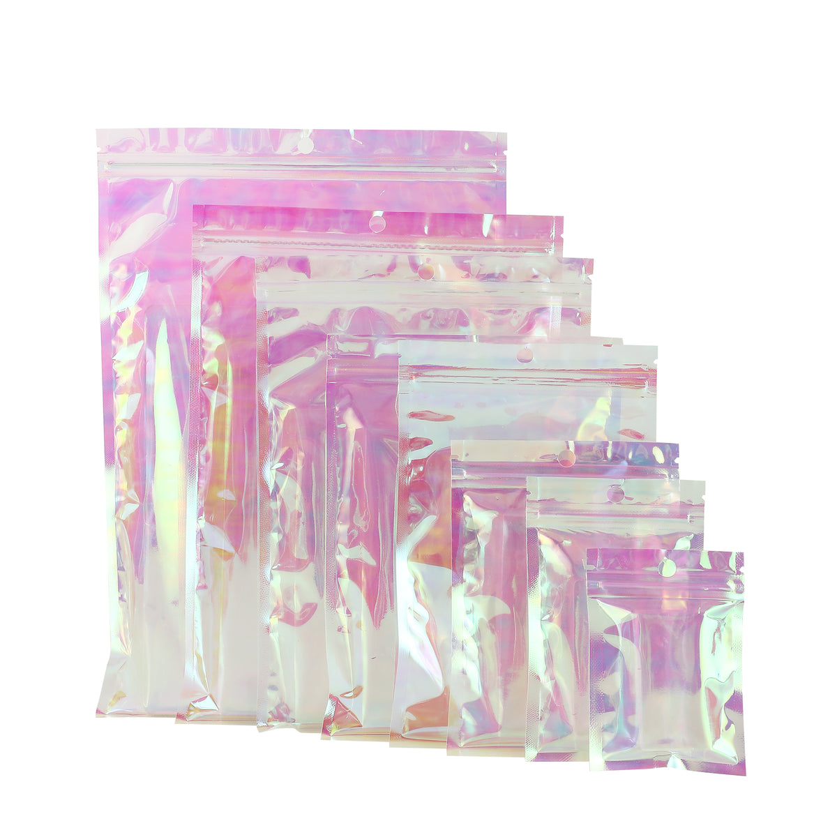 Reusable Flat Zipper Seal Bags – Kaleidoscope Holographic Clear Front with Round Hang Hole