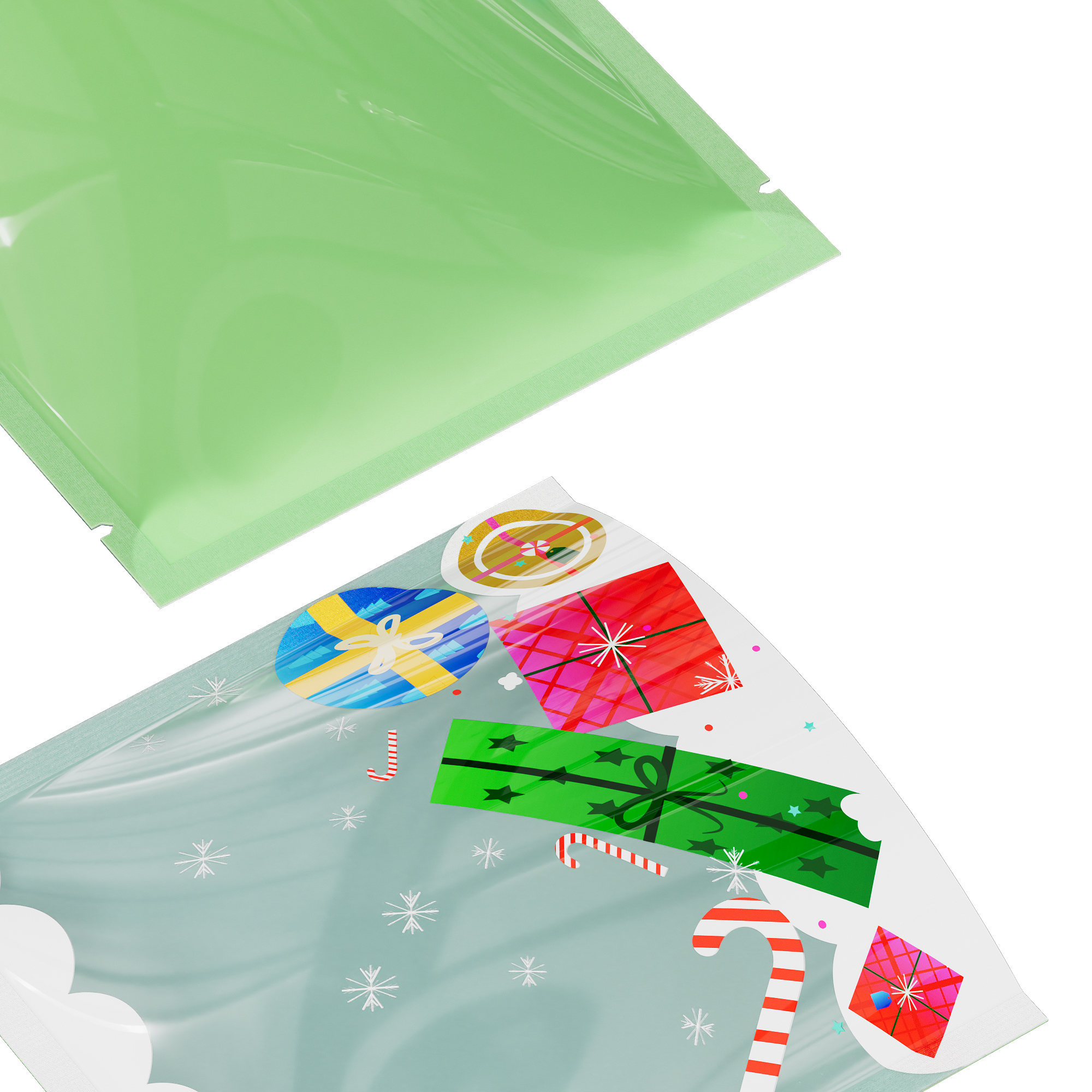 Clear Holiday Gift Window Display and Green Flat Open Fill SlickSeal™ Bags