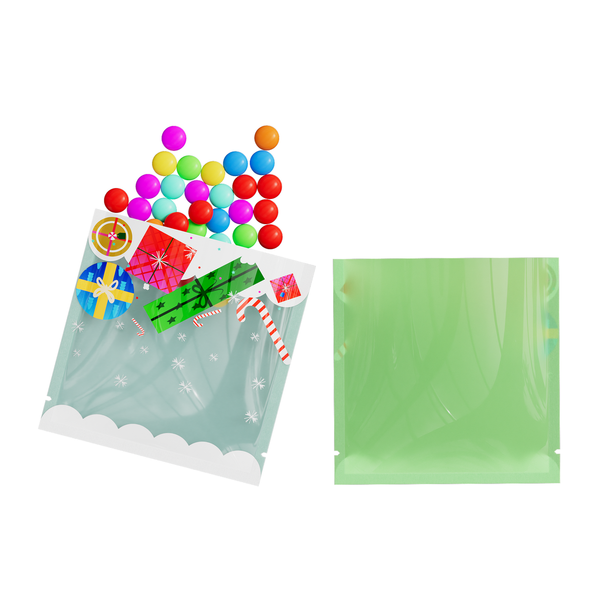 Clear Holiday Gift Window Display and Green Flat Open Fill SlickSeal™ Bags