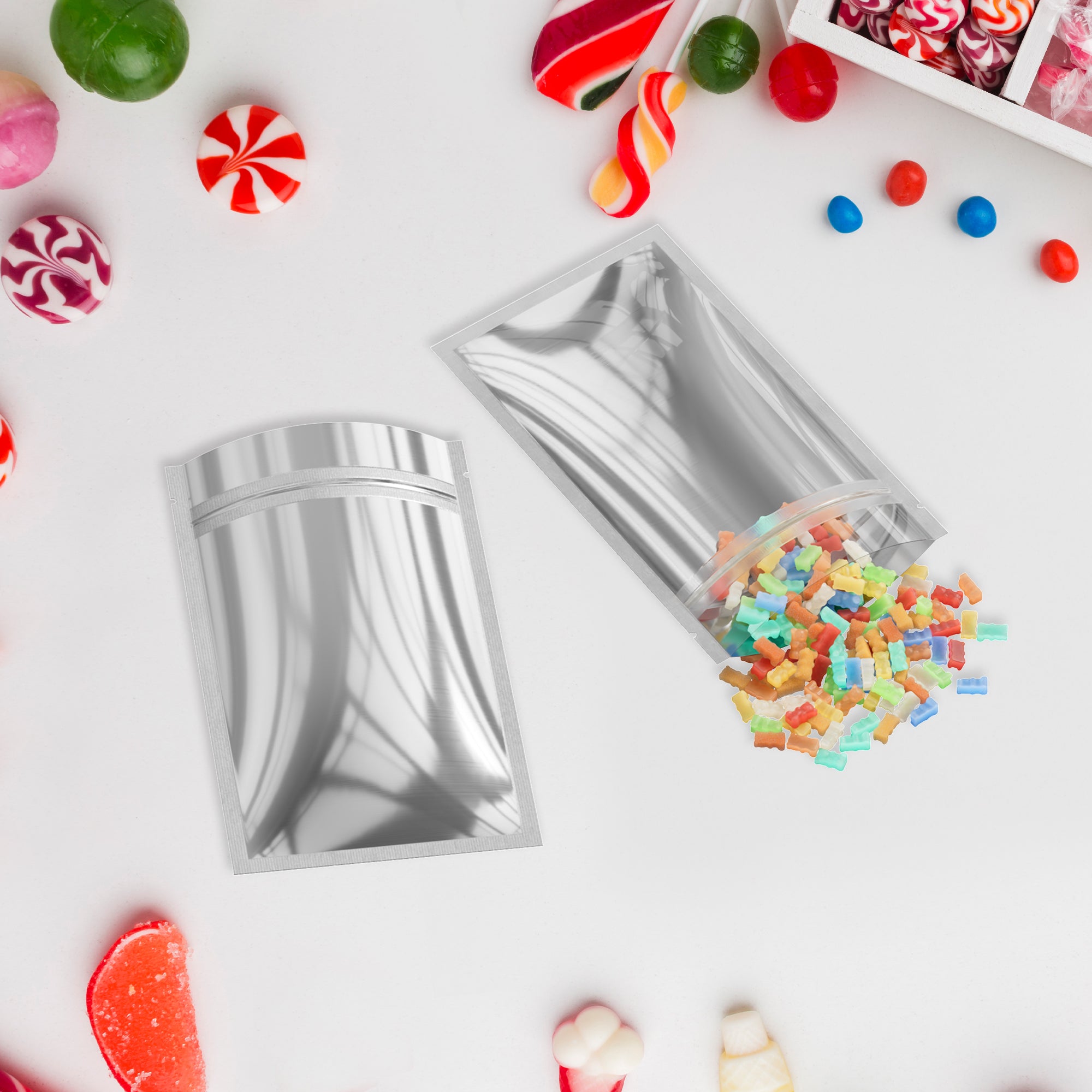 Flat Zipper Seal Bags – Single Side Clear Front with Chrome Silver Metallic Foil