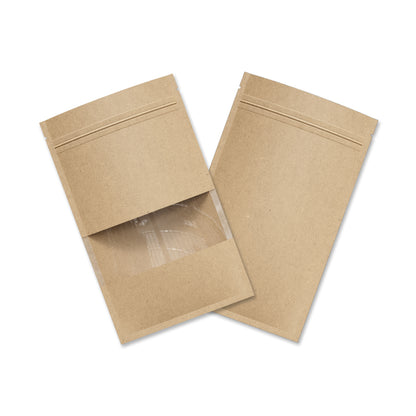 Customizable Vintage Brown Kraft Clear Slit Window Flat Zipper Seal Bags (Basic Printing)