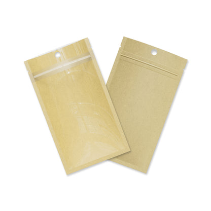 Customizable Glossy Half Clear Krafty Brown Flat Zipper Seal Bags with Hang Hole (Basic Printing)