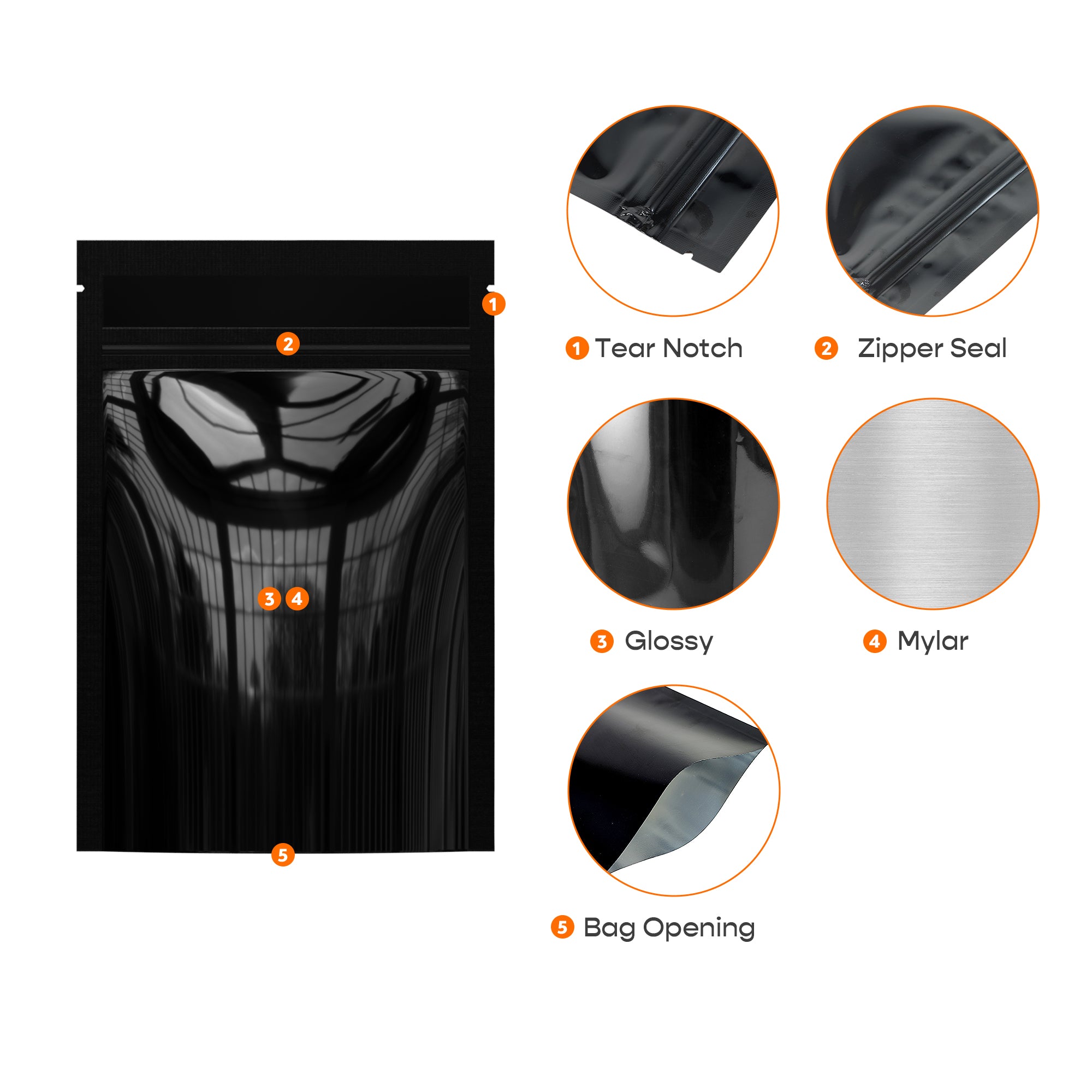 Open Bottom Mirror Black Mylar Bags with Pre-Sealed Top