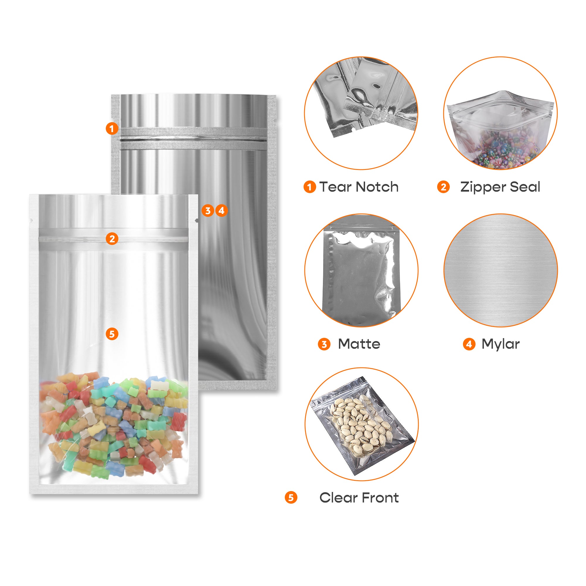 Flat Zipper Seal Bags – Single Side Clear Front with Chrome Silver Metallic Foil